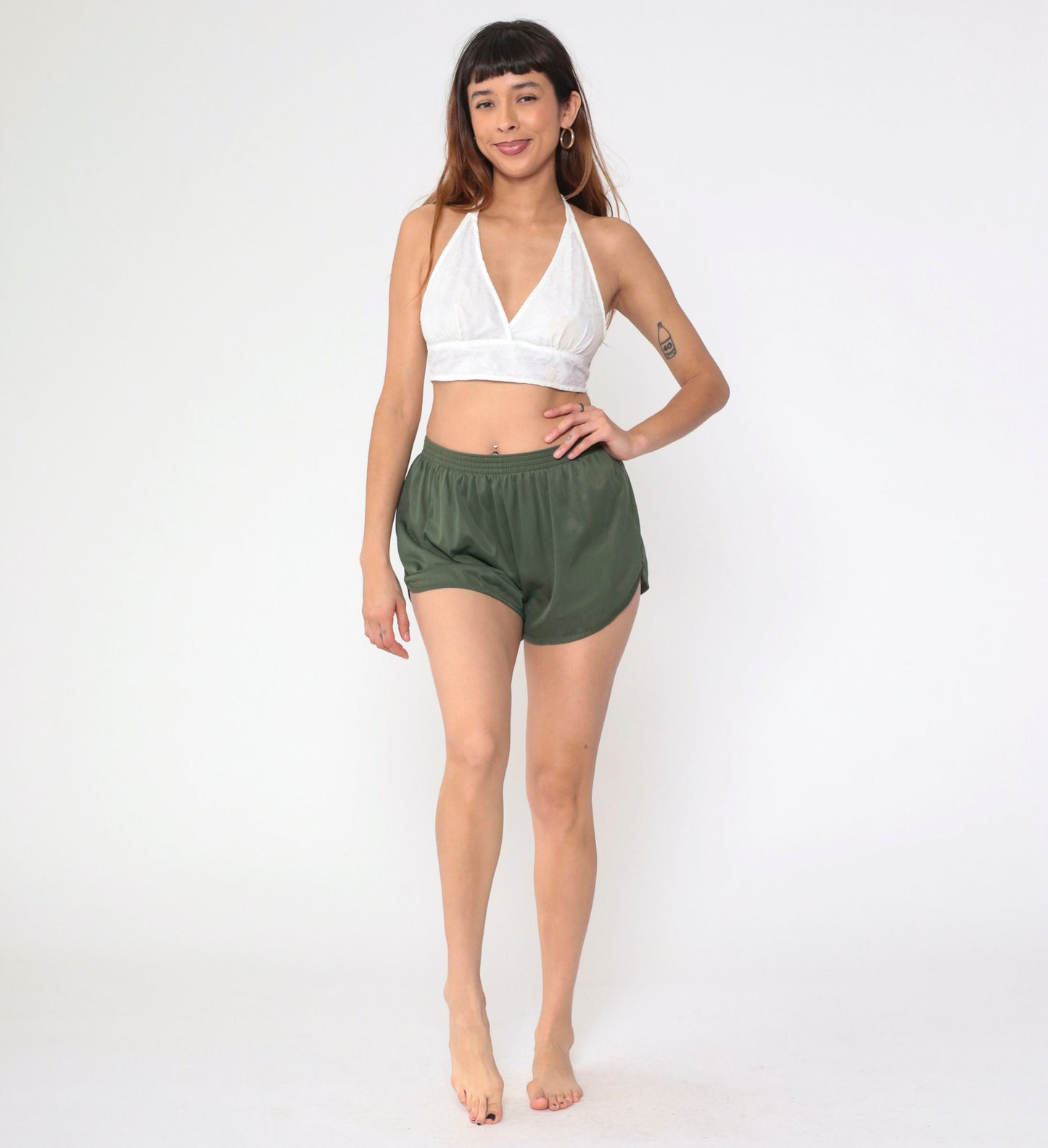80s Soffe Dolphin Shorts Olive Green High-Waist Nylon Medium