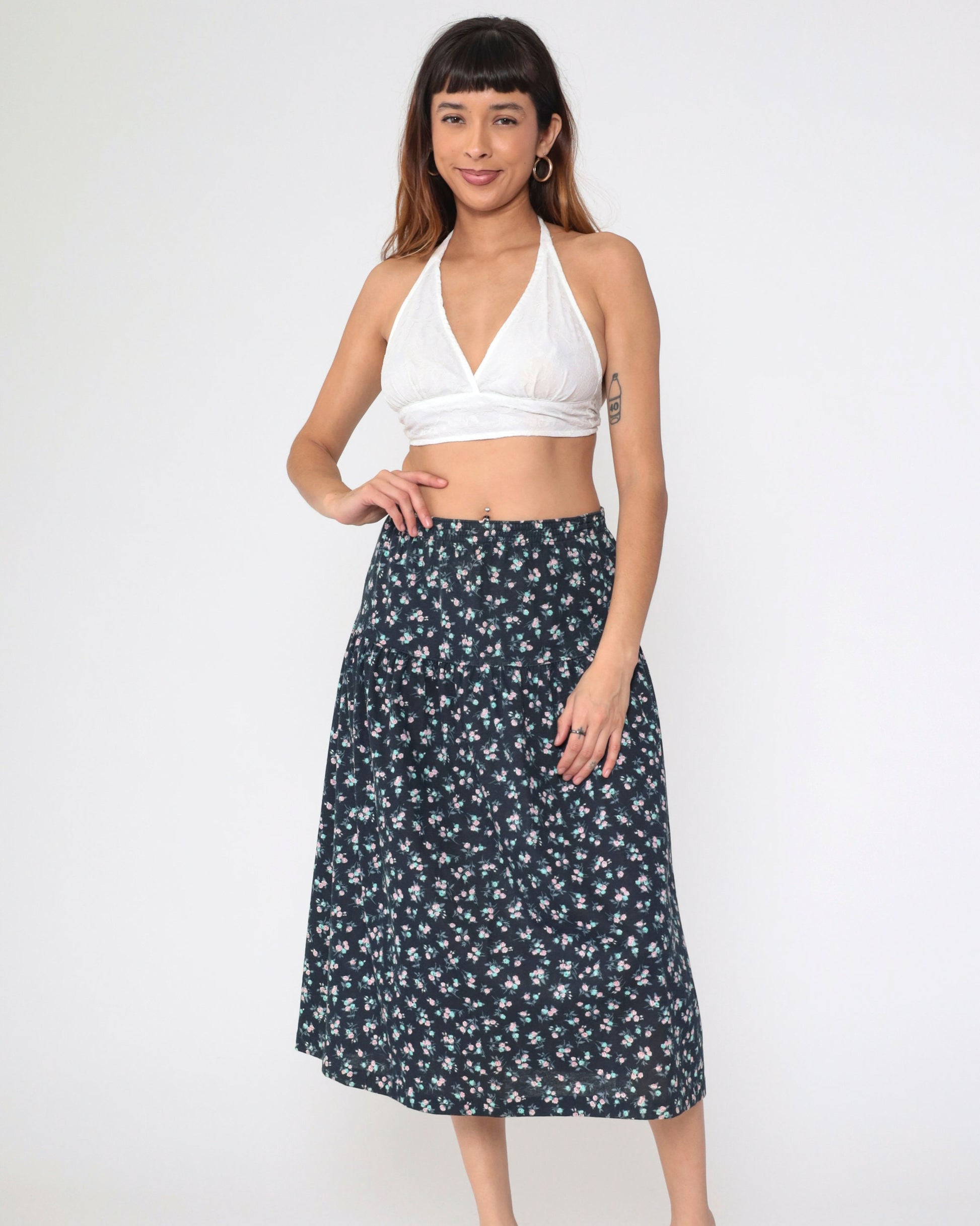 90s Black Floral Midi Skirt High Waist Yoke Calico Print Medium