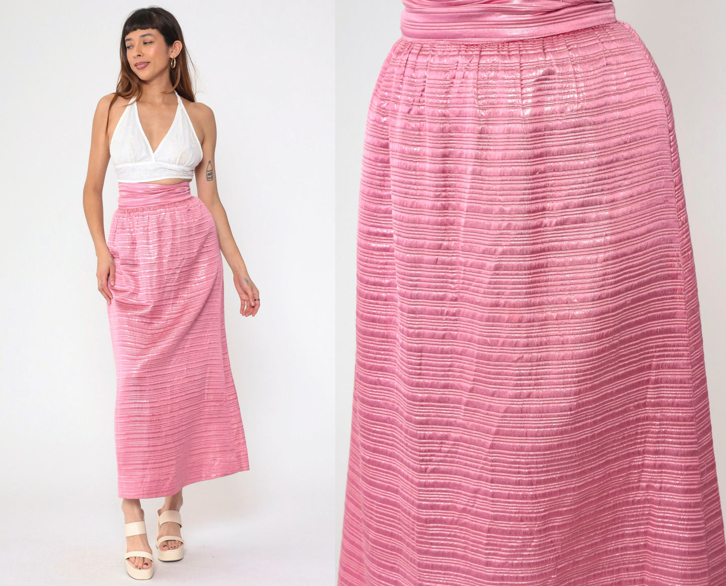 60s Pink Metallic Maxi Skirt High Waisted Formal Evening Wear Extra Small