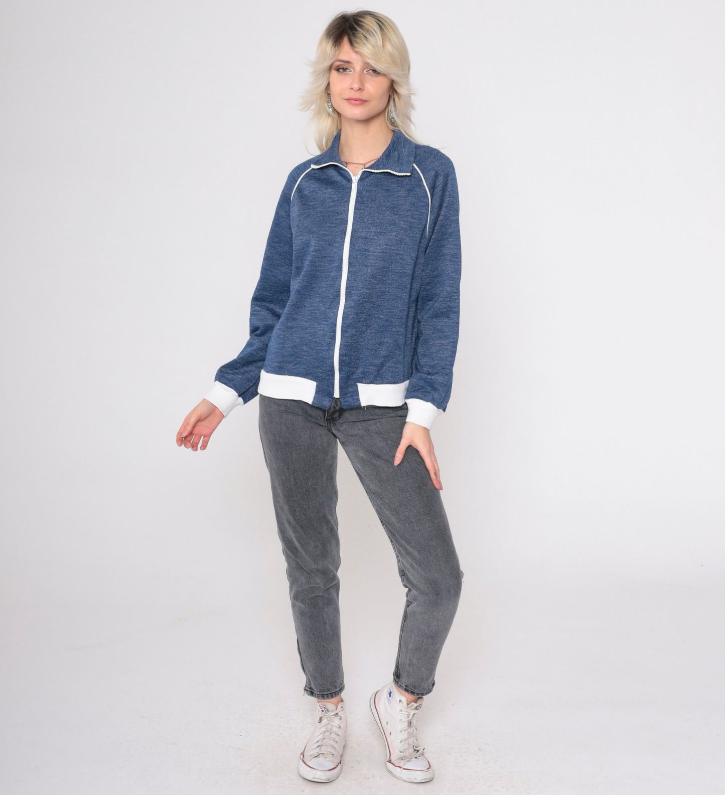 80s Heather Blue Track Jacket Zip Up Raglan Sleeve Medium