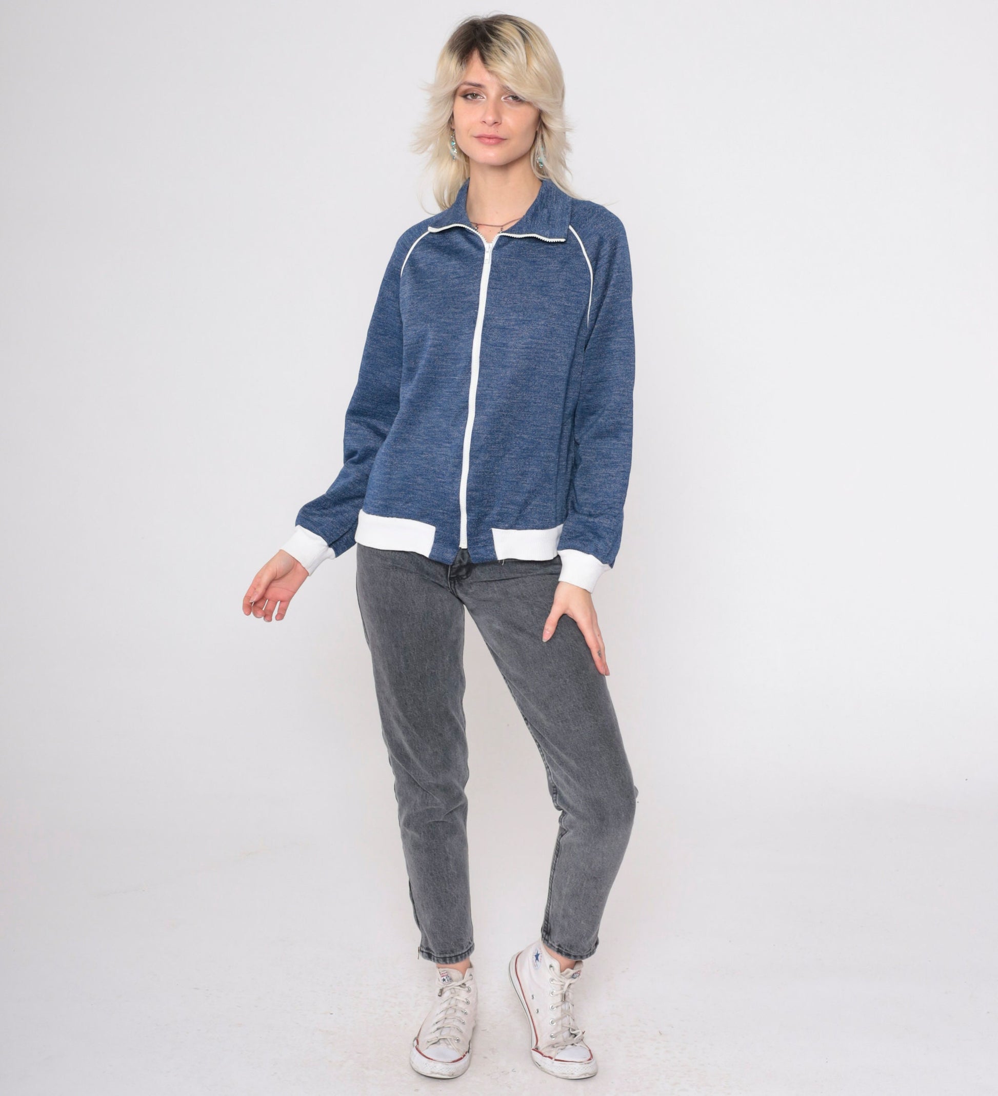 80s Heather Blue Track Jacket Zip Up Raglan Sleeve Medium