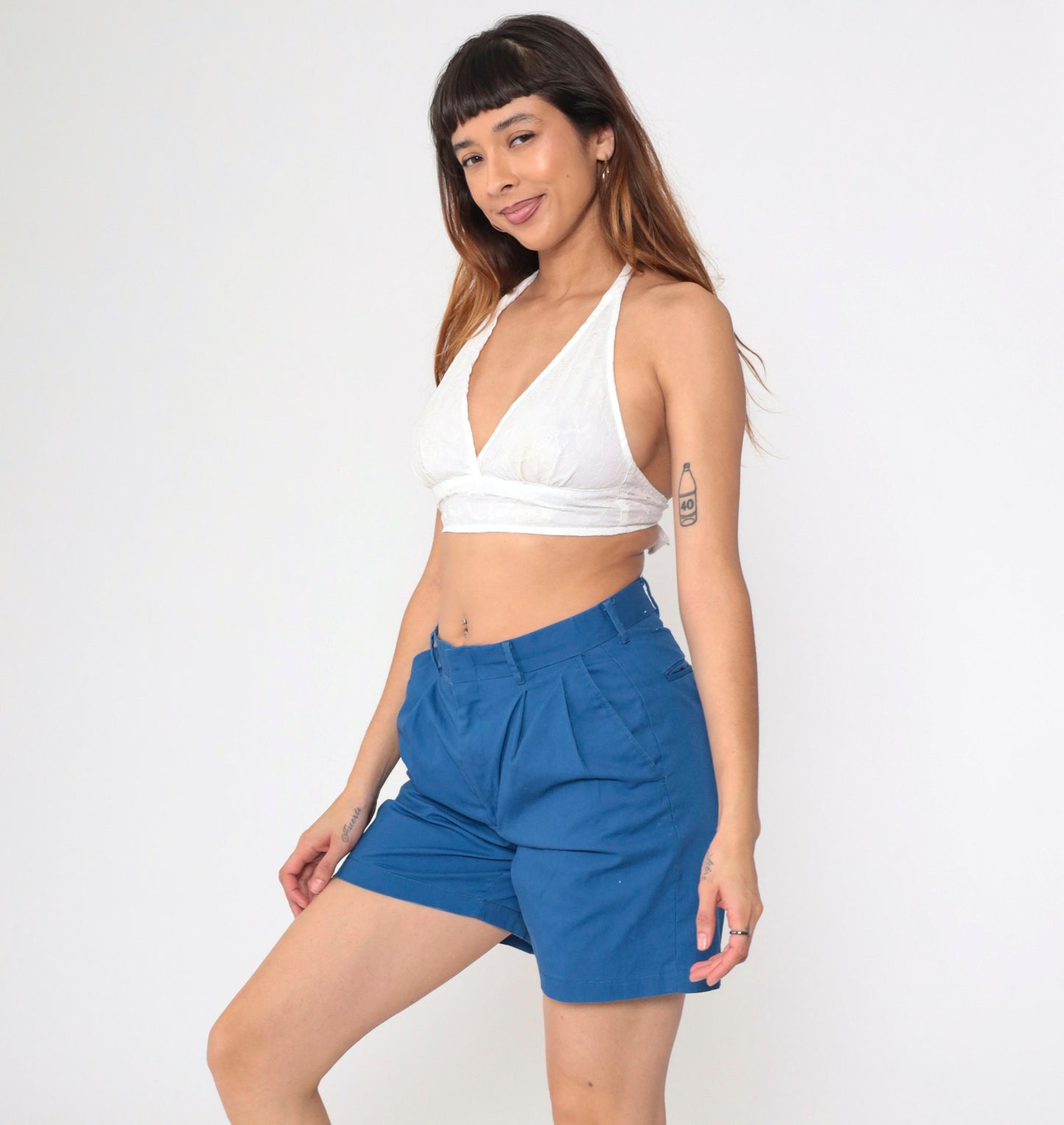 80s Blue Pleated High-Waisted Shorts Cotton Blend Medium