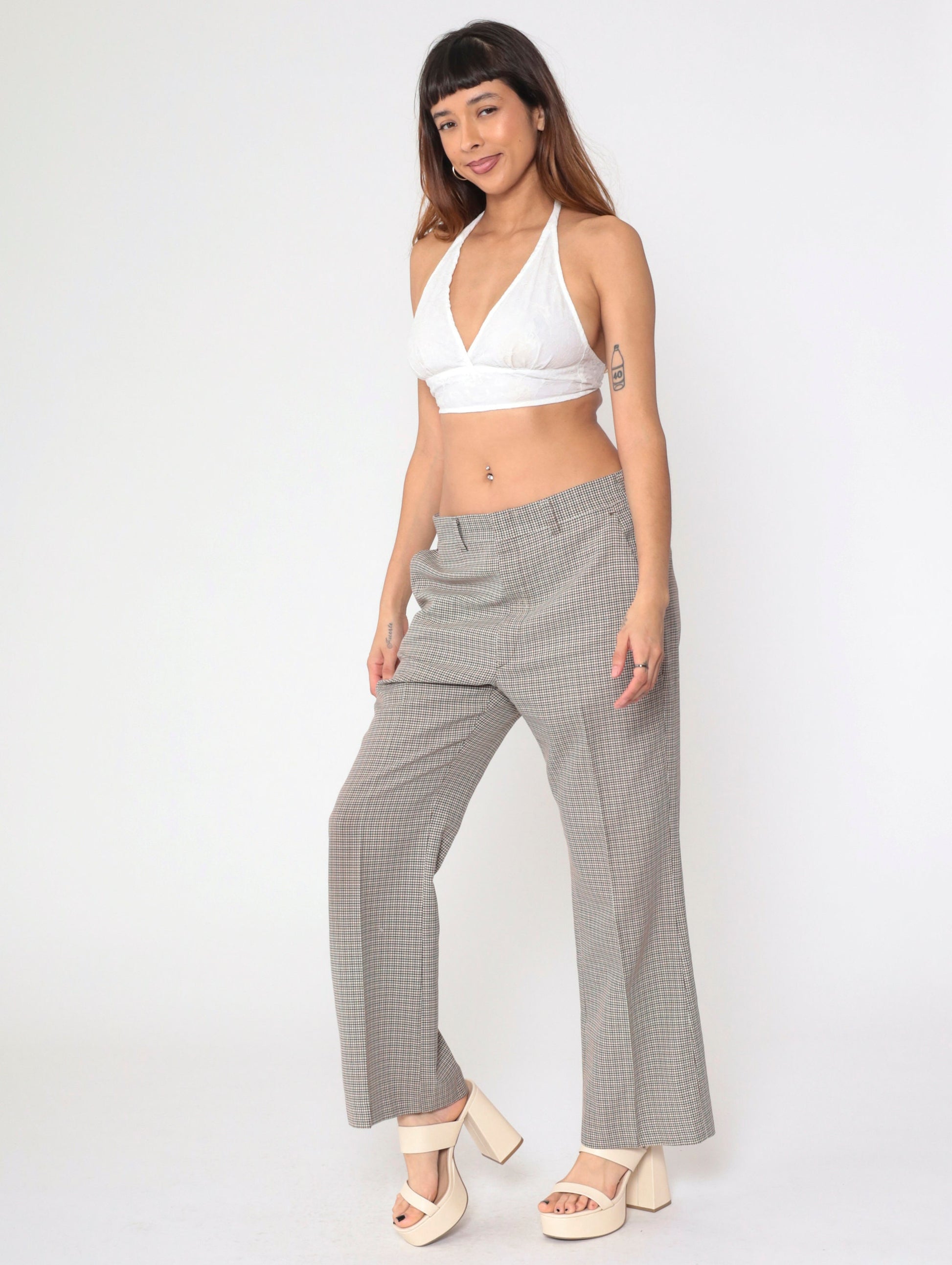 70s Haggar Houndstooth Bell Bottom Trousers Black Brown White High Waist Medium Large