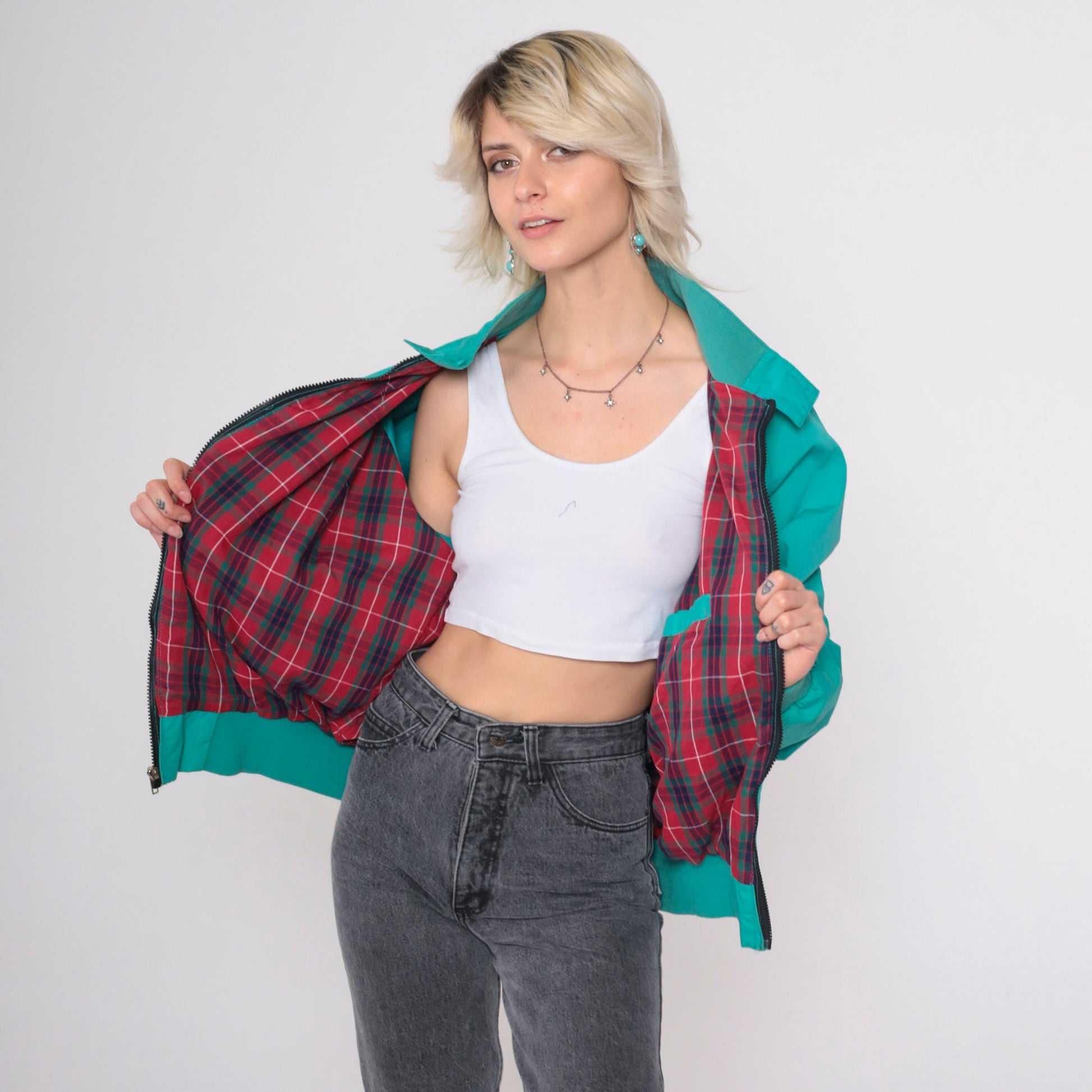 90s Field & Stream Teal Windbreaker Jacket Plaid Lined Zip Up Extra Large