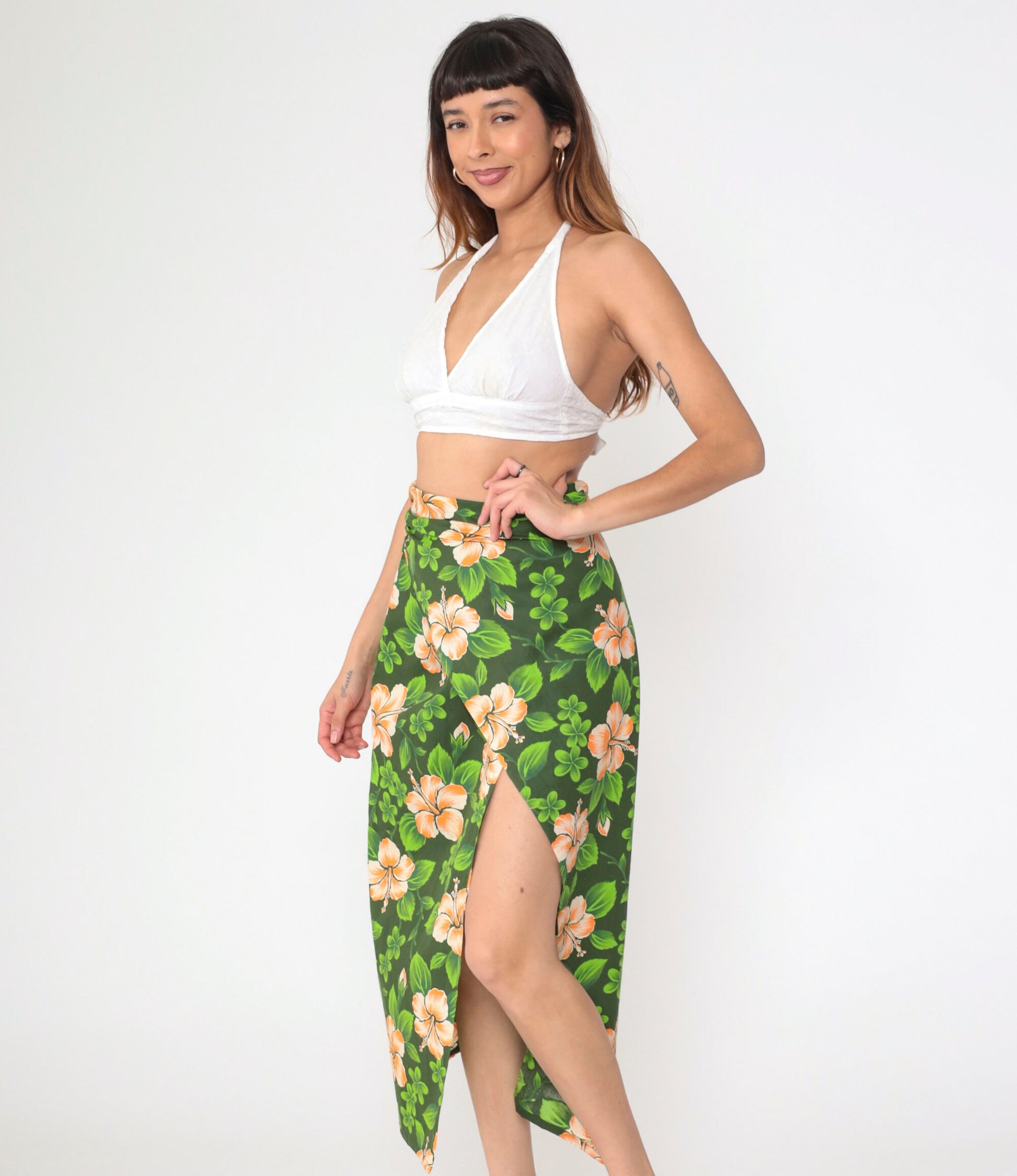 90s Hawaiian Green Floral Wrap Maxi Skirt Front Slit Sarong Small