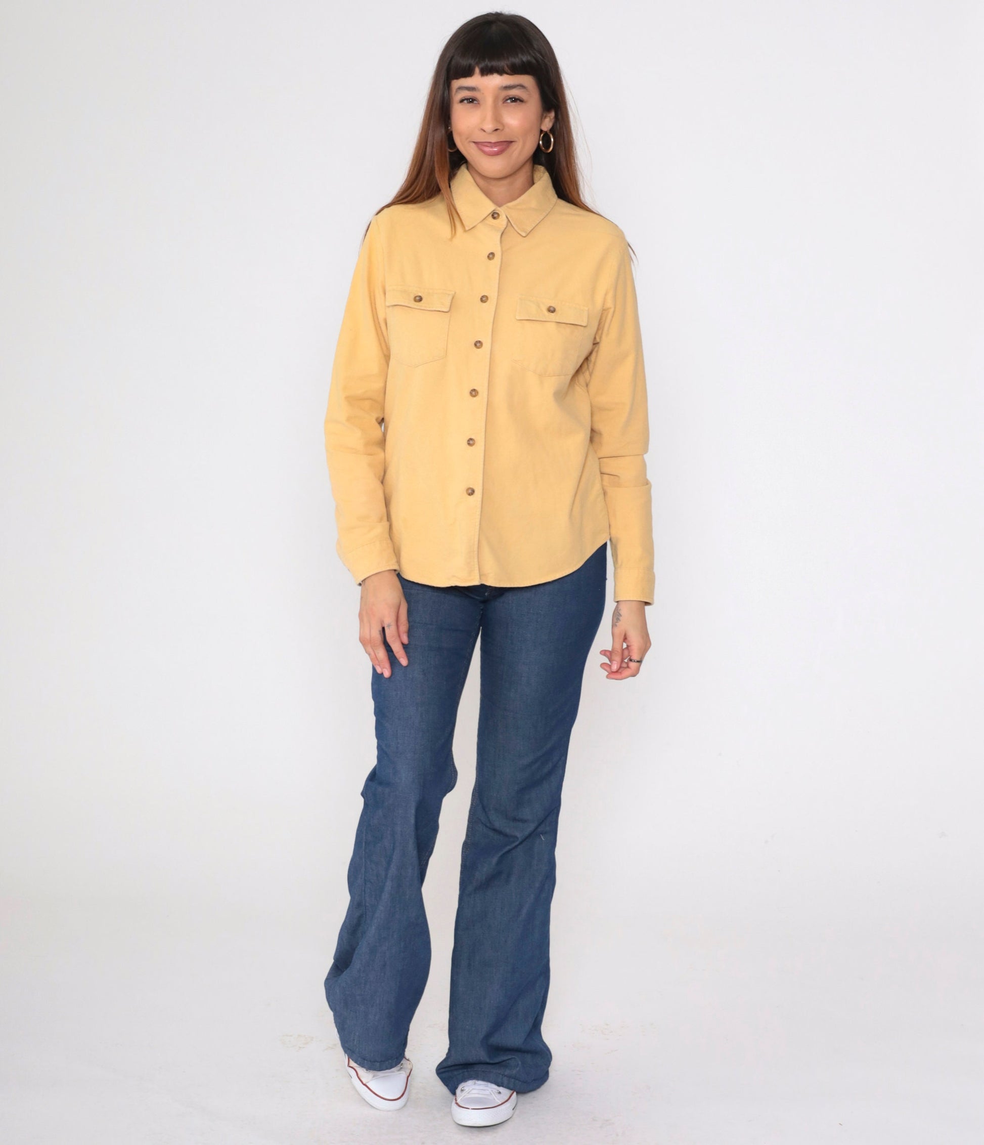90s LL Bean Cotton Button Up Shirt Muted Yellow Long Sleeve Medium