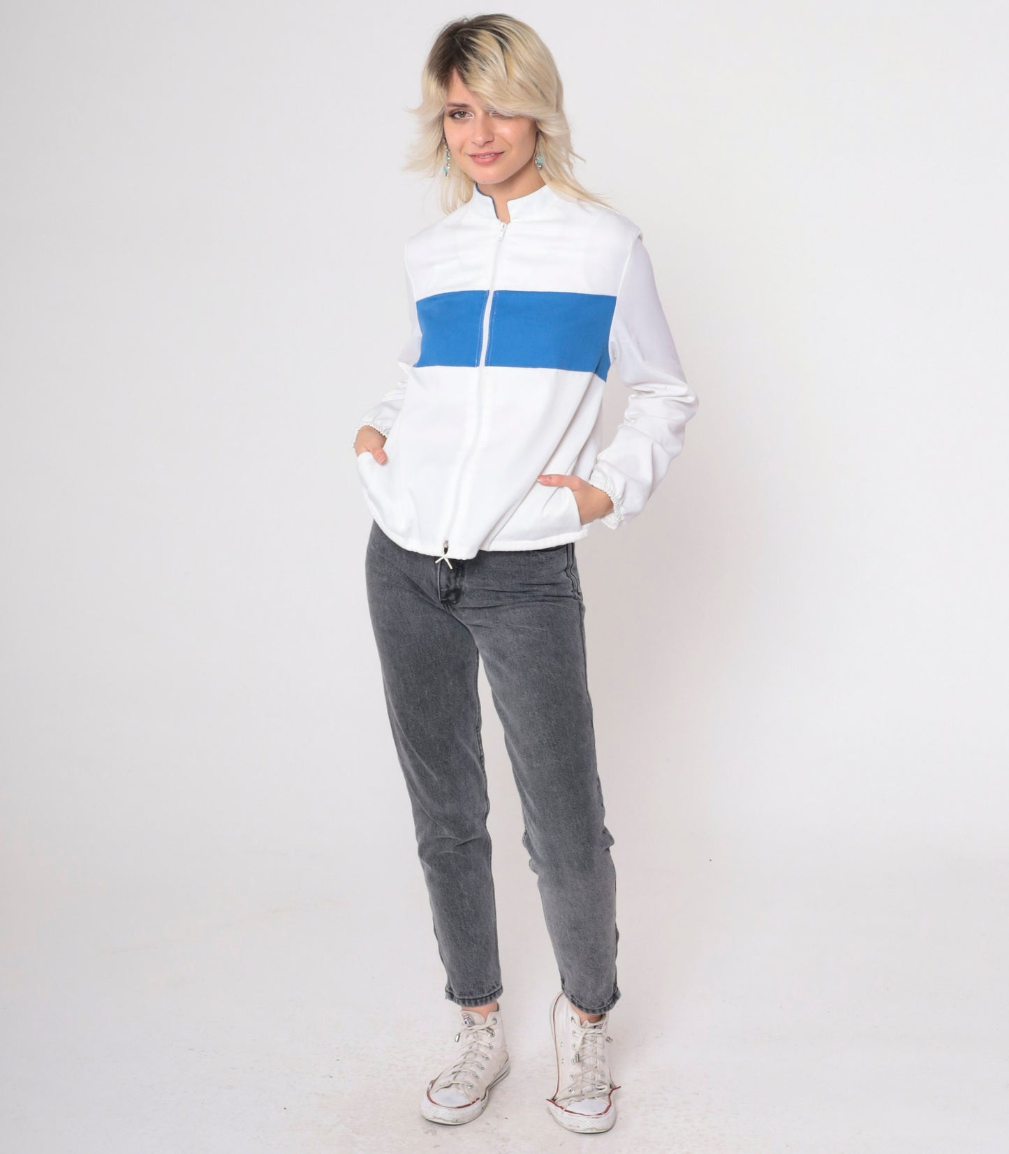 80s Miss USA Windbreaker White Blue Stripe Stand Collar Zip Jacket Small