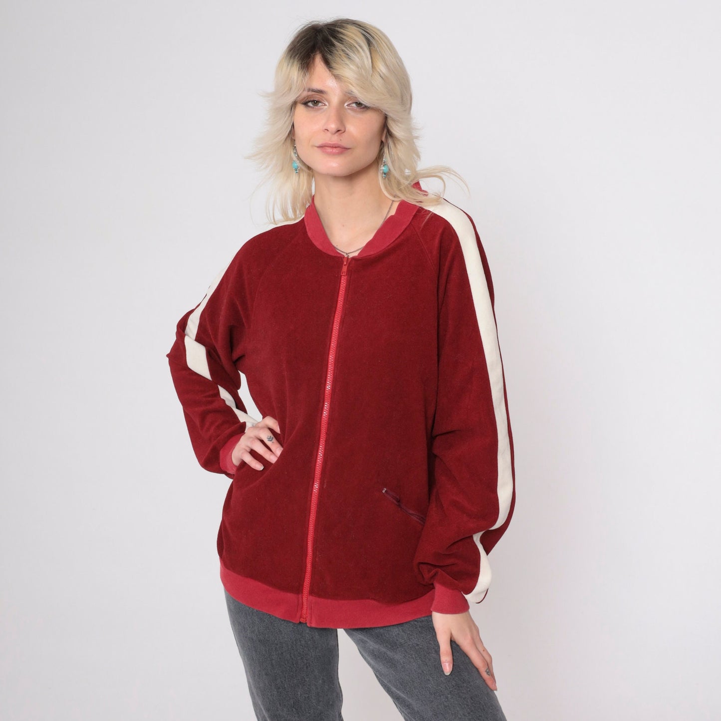 80s Lee Velour Track Jacket Burgundy Striped Zip Up Extra Large XL