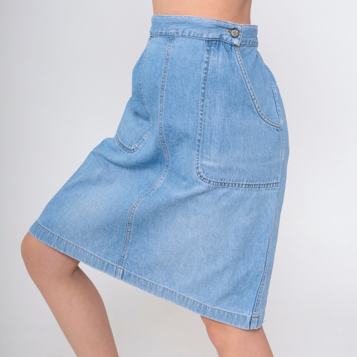 90s High-Waisted Denim Skirt Blue Knee-Length Patch Pocket Straight Large
