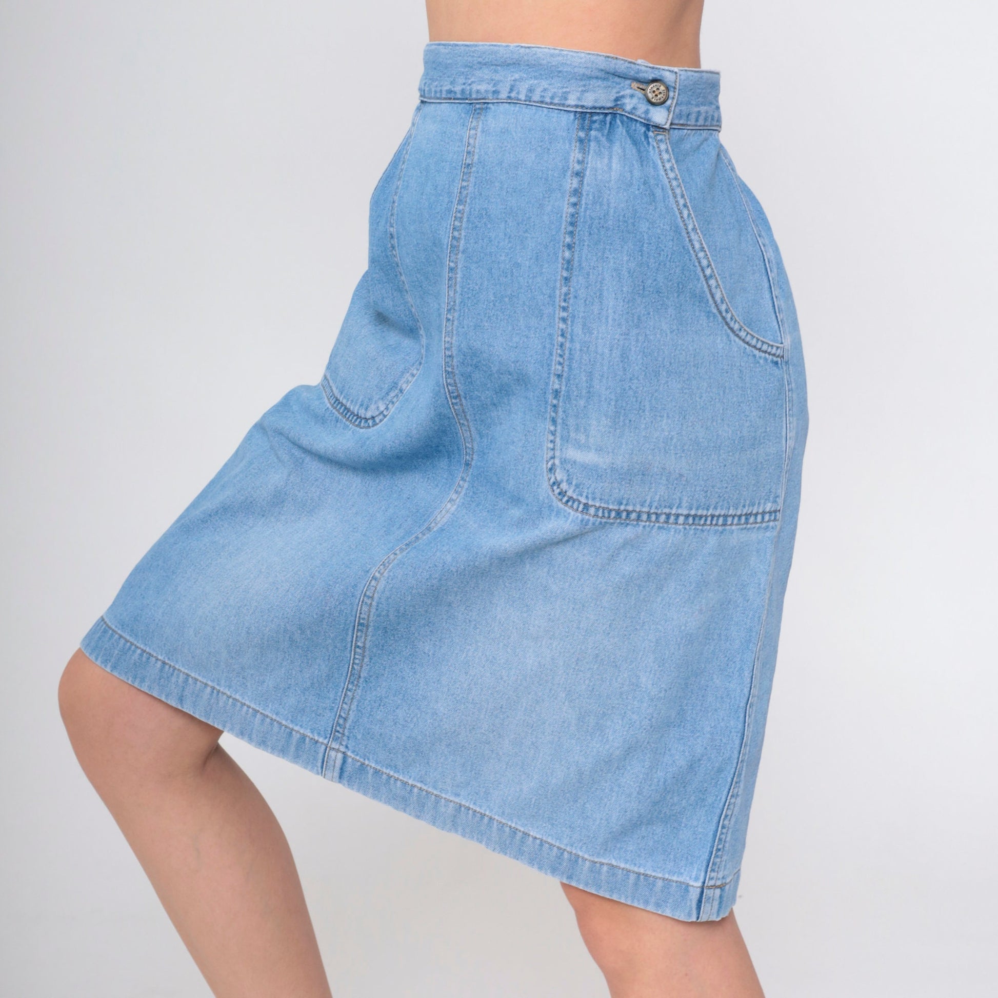 90s High-Waisted Denim Skirt Blue Knee-Length Patch Pocket Straight Large