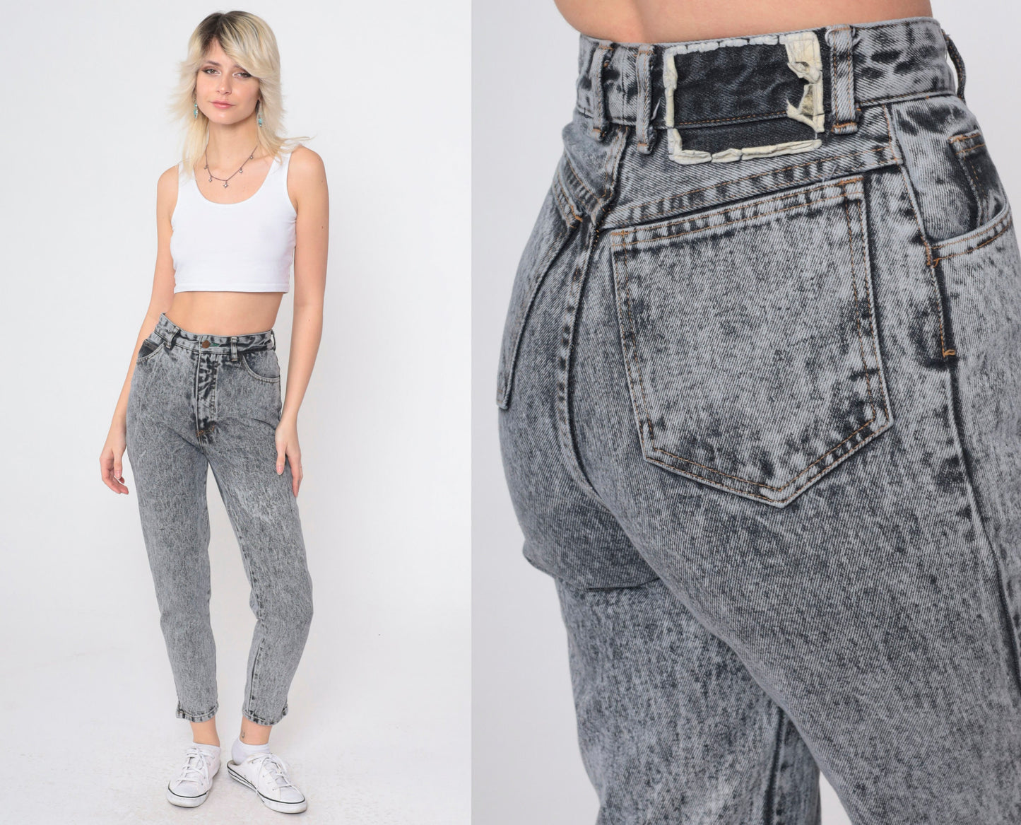 90s Bongo Acid Wash High-Waist Tapered Jeans Grey Denim Extra Small