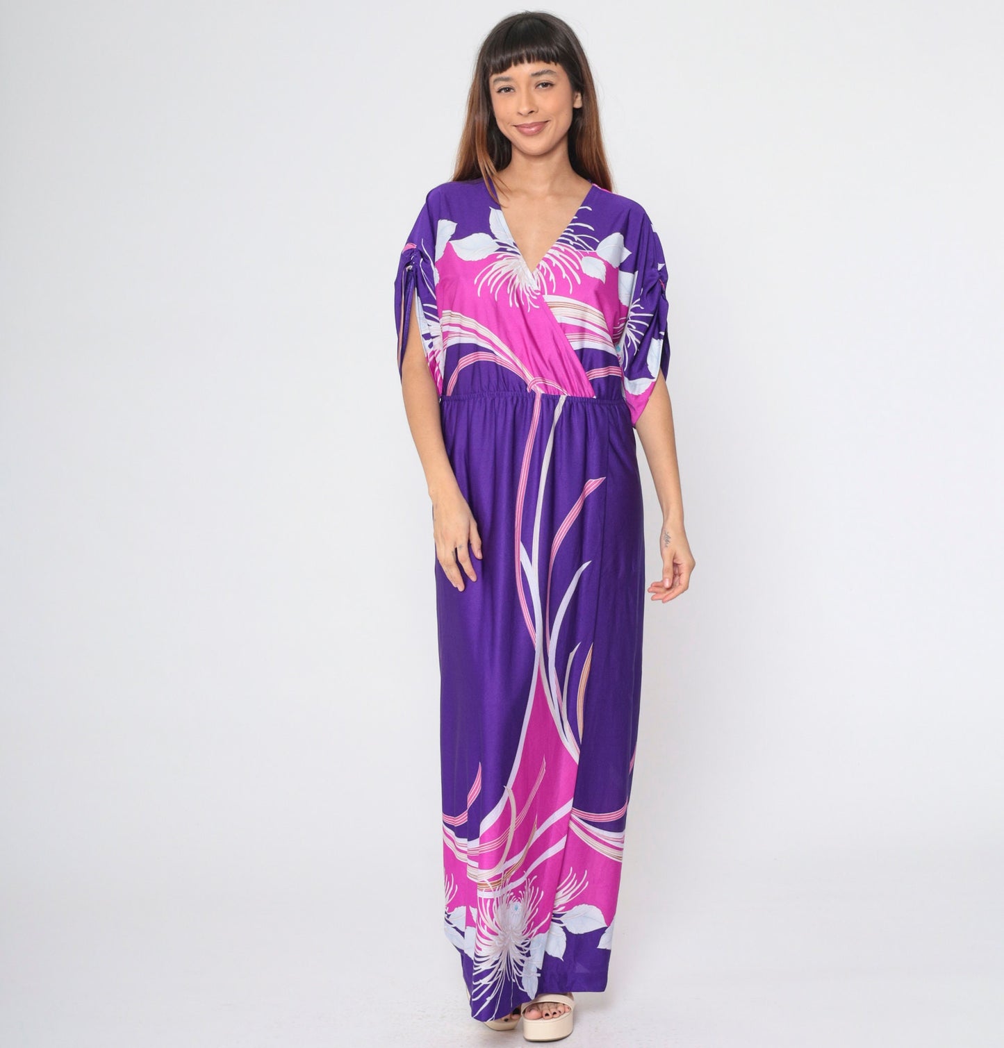 70s Purple Floral Hawaiian Maxi Dress Faux Wrap Ruched Sleeve Medium