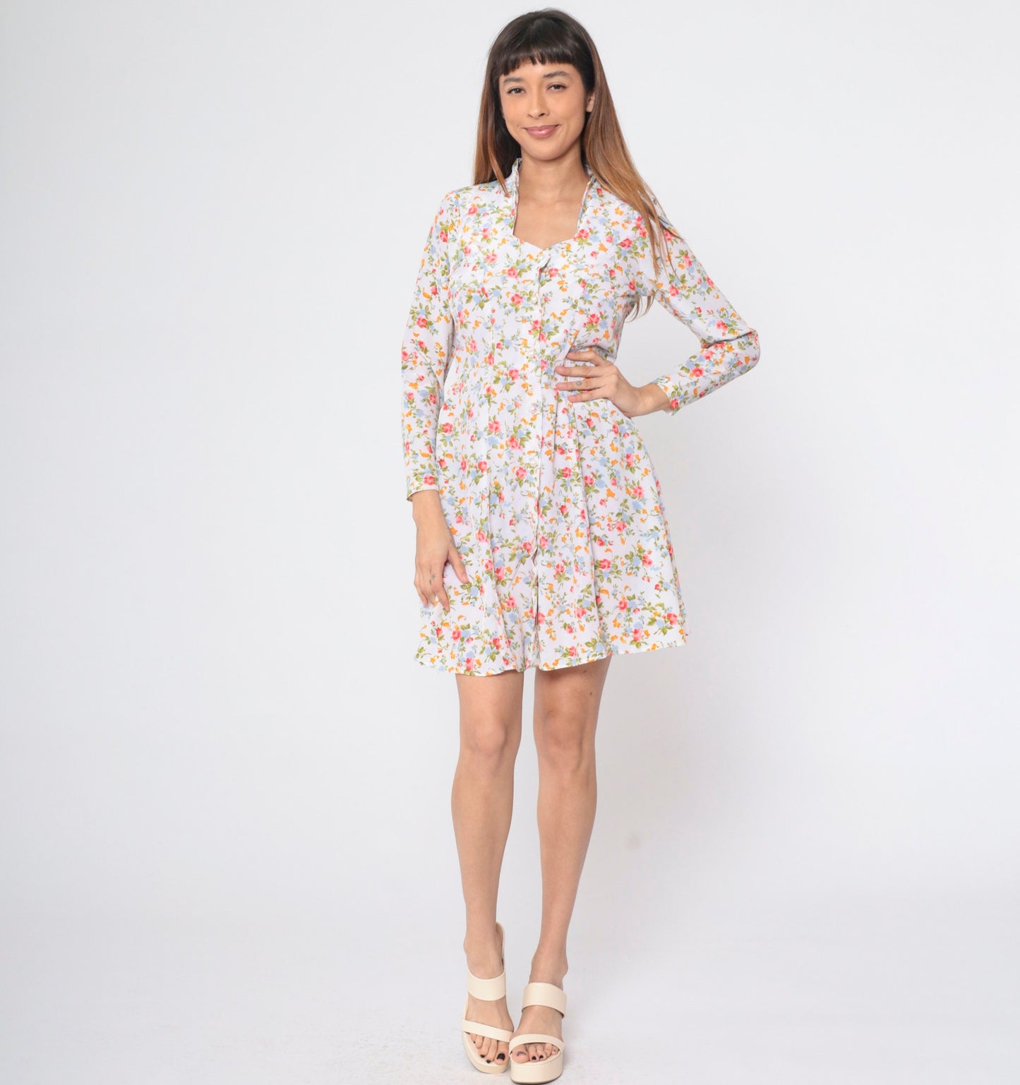 90s White Floral Mini Dress Button-Up Long Sleeve Ditsy Print Medium M