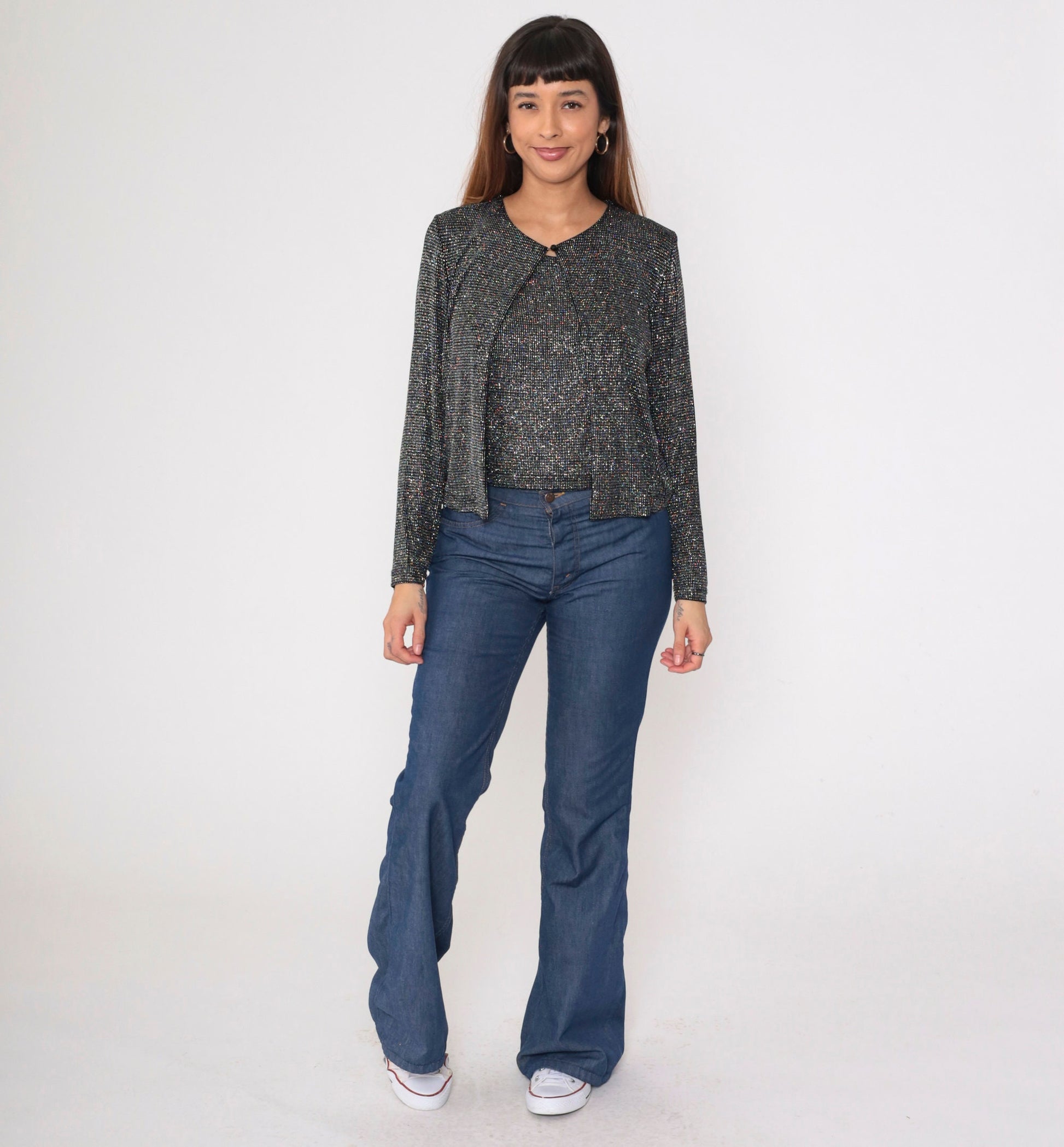 90s Silver Metallic Blouse Long Sleeve Tank Top Attached Cardigan Medium