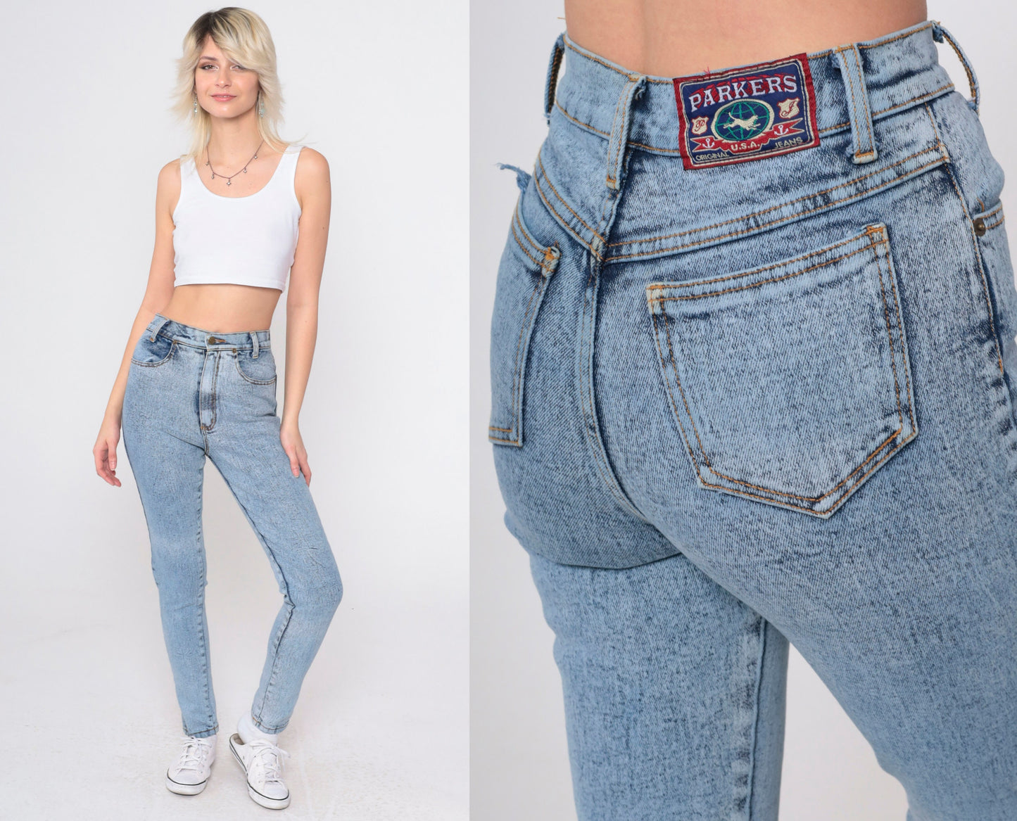 90s Acid Wash High Waist Skinny Jeans Blue Denim XXS