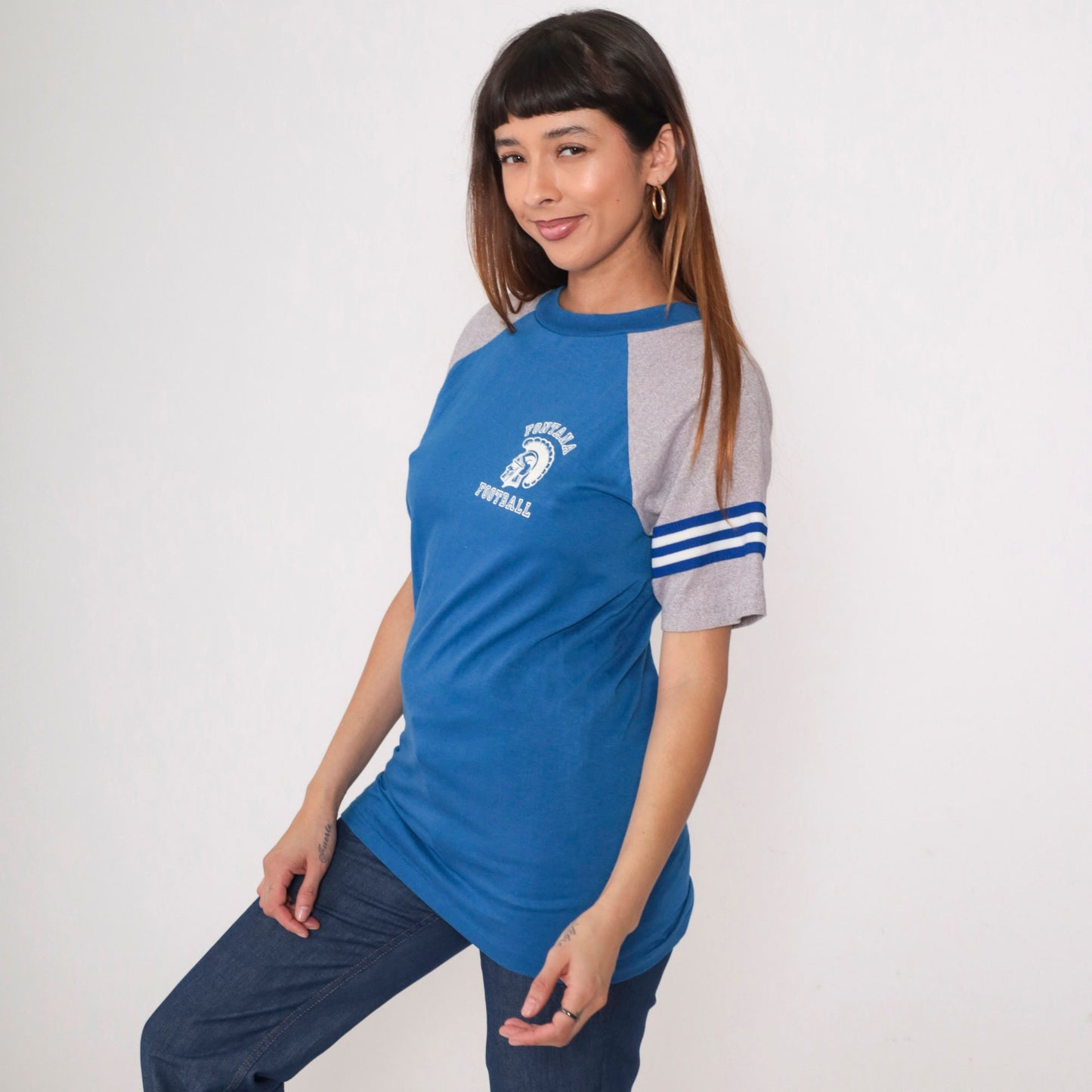 80s Velva Sheen Fontana Football Ringer Tee Blue Raglan Sleeve Small