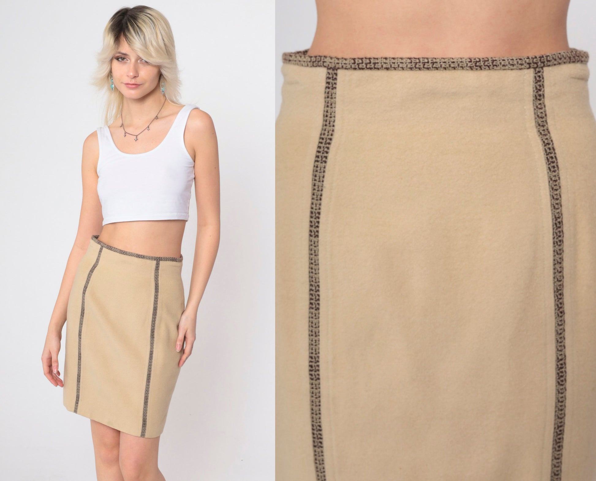 90s Tan Wool Blend Pencil Mini Skirt High Waist Kick Pleat Small