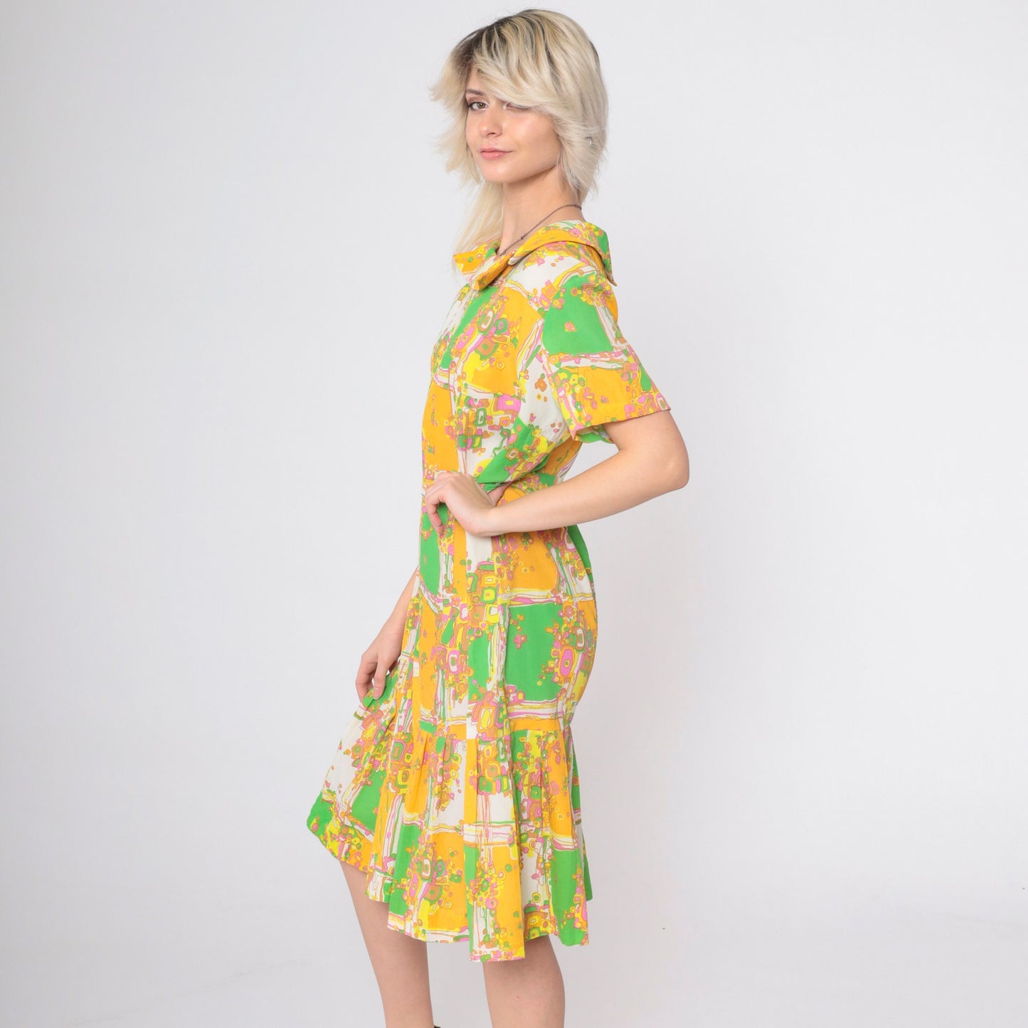 60s Psychedelic Patchwork Shift Dress Geometric Print Pleated Midi Large