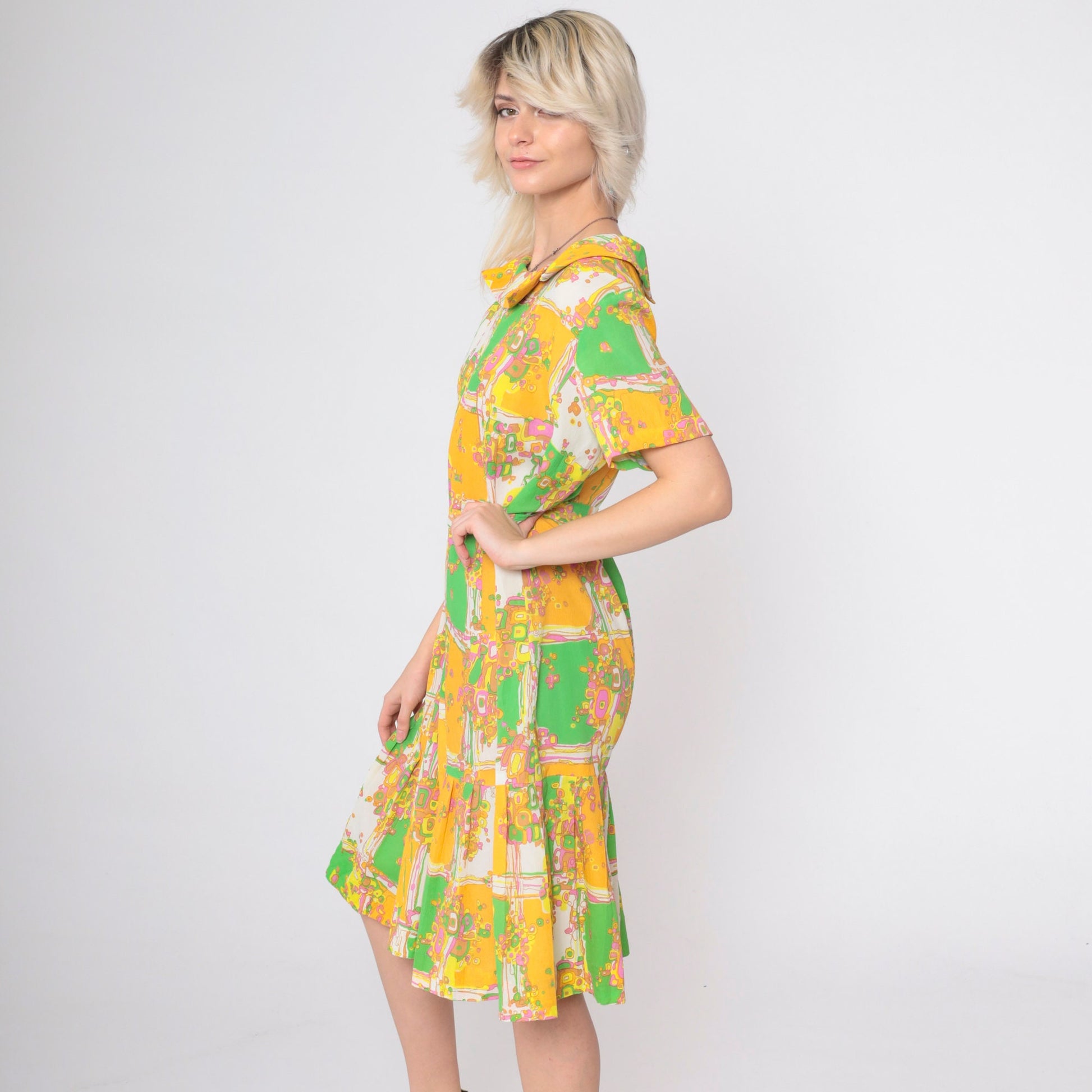 60s Psychedelic Patchwork Shift Dress Geometric Print Pleated Midi Large