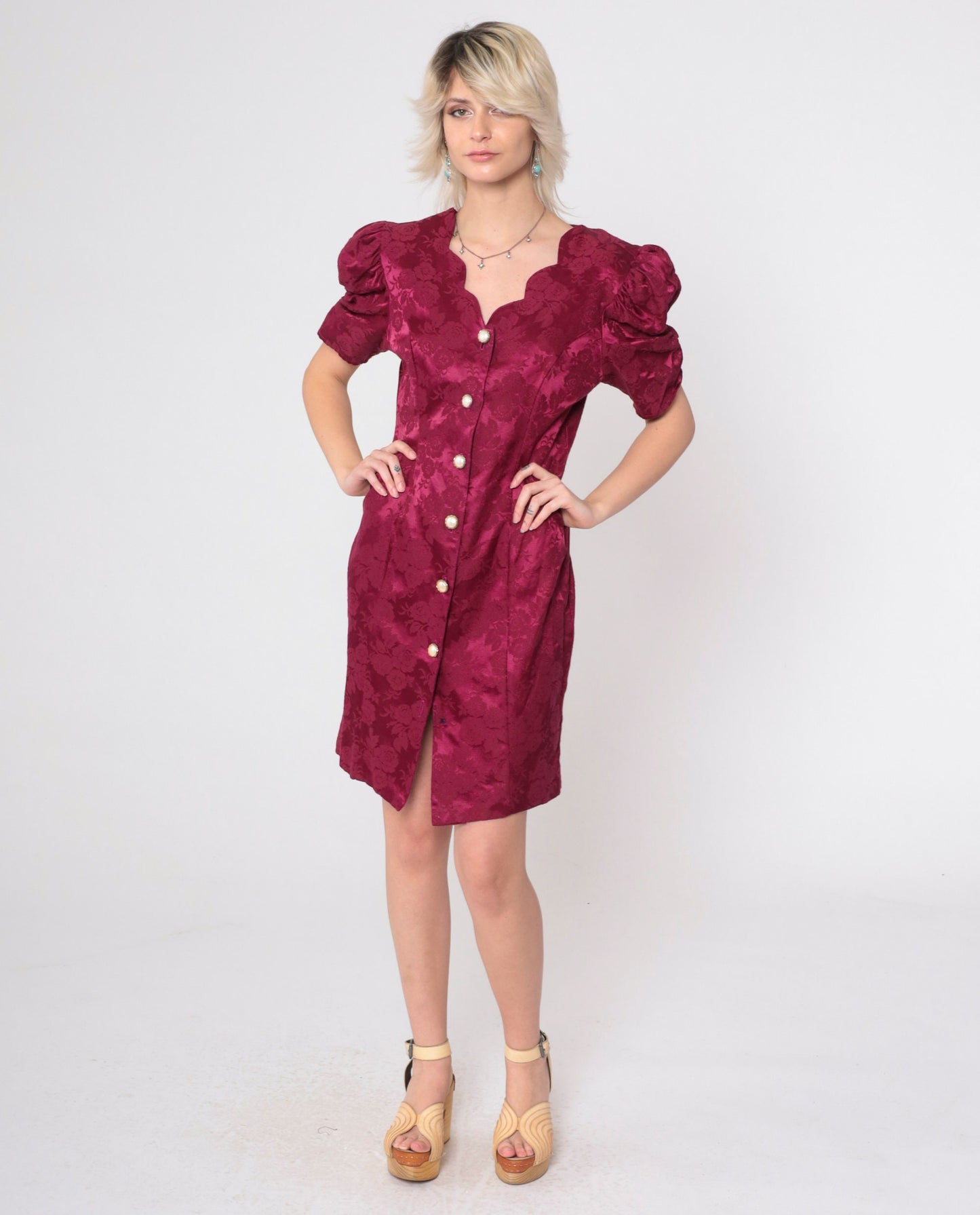 80s Burgundy Floral Brocade Mini Dress Pearl Buttons Puff Sleeve Medium