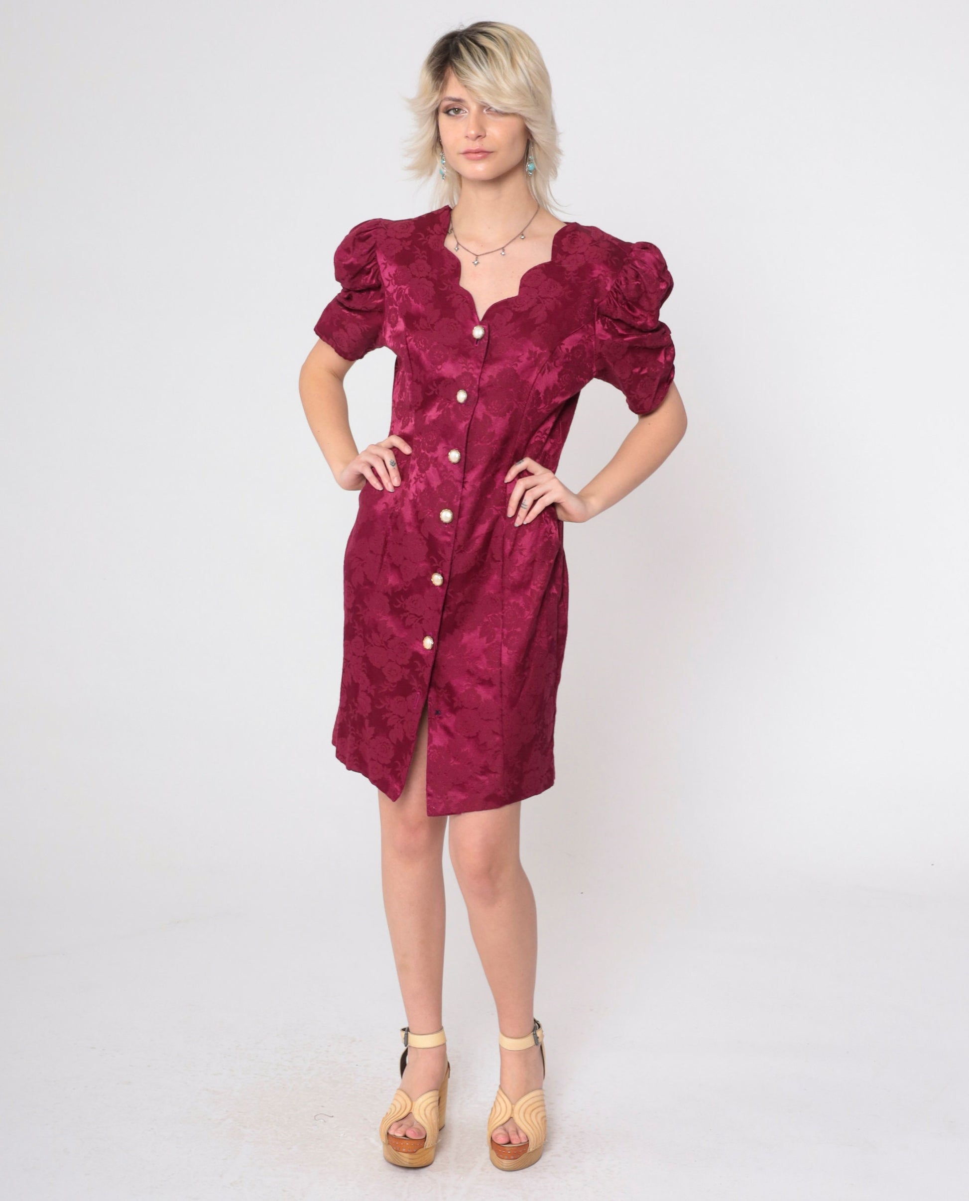 80s Burgundy Floral Brocade Mini Dress Pearl Buttons Puff Sleeve Medium