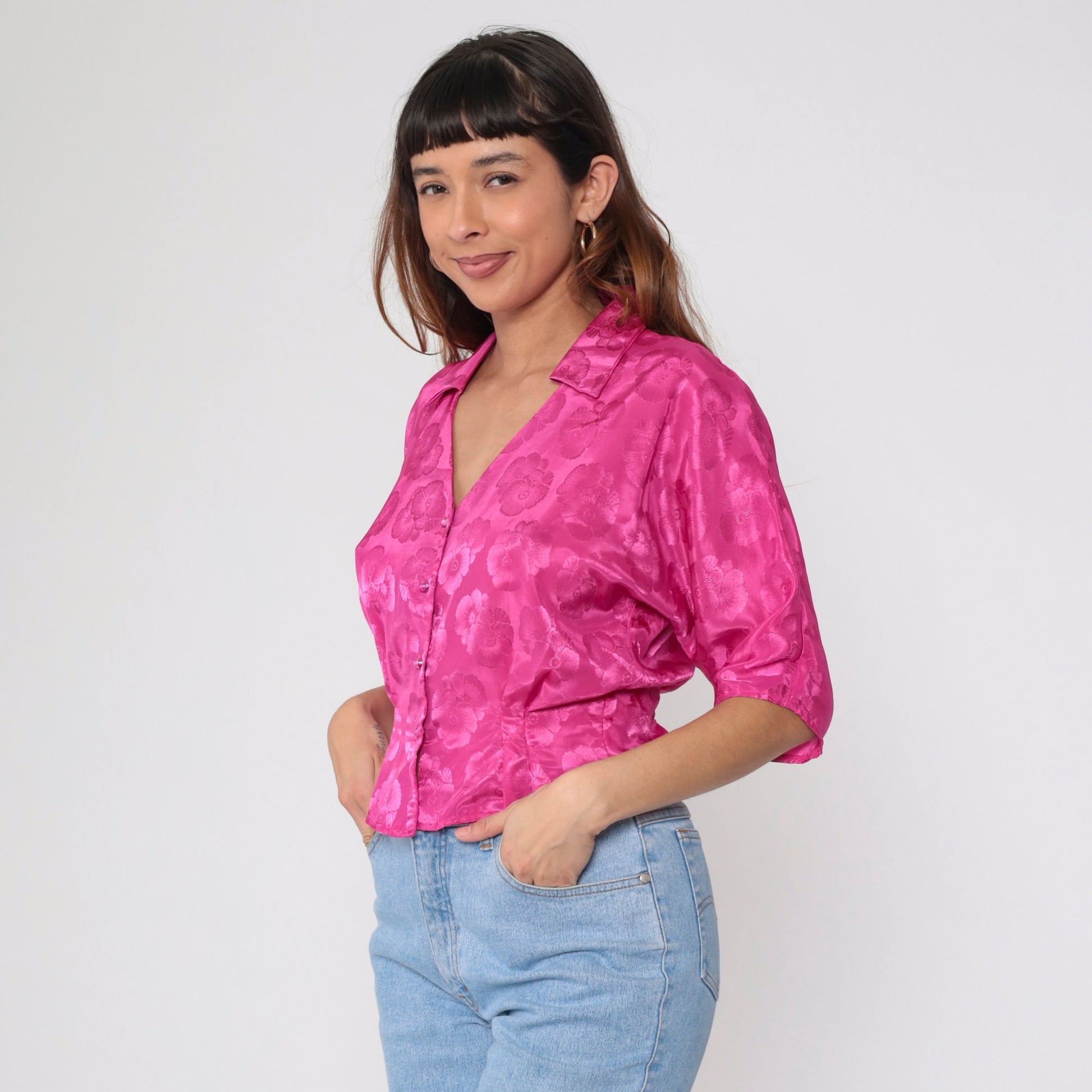 80s Fuchsia Satin Floral Blouse Keyhole Back Pearl Button 1/2 Sleeve Medium