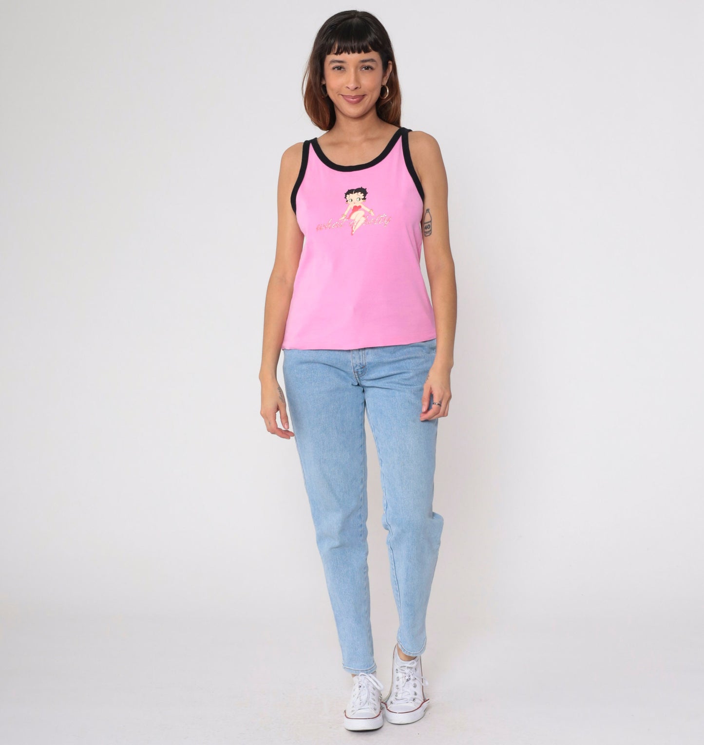 00s Betty Boop Tank Top 'What A Betty' Glitter Graphic Pink Black Ringer Medium
