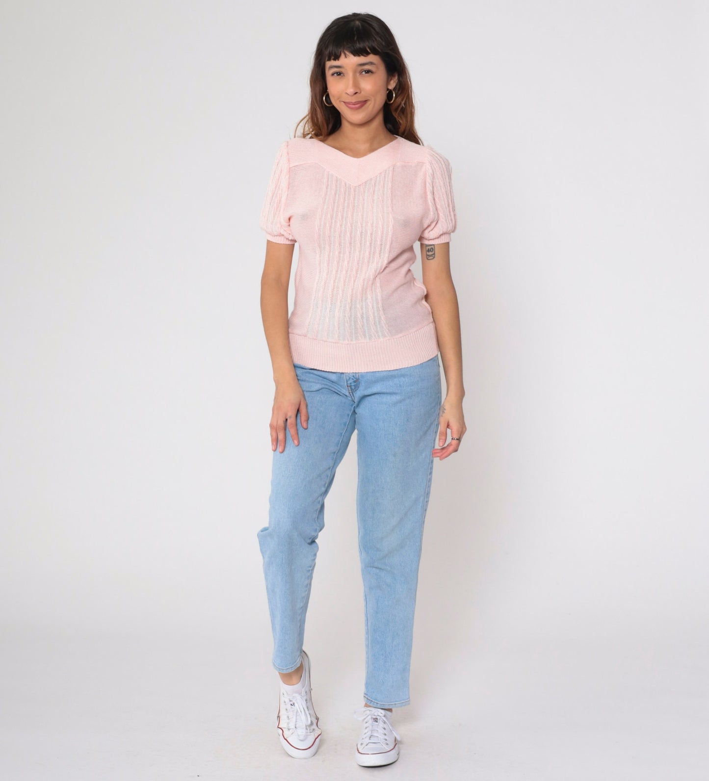80s Baby Pink Knit Top Puff Sleeve Textured Stripe Extra Small