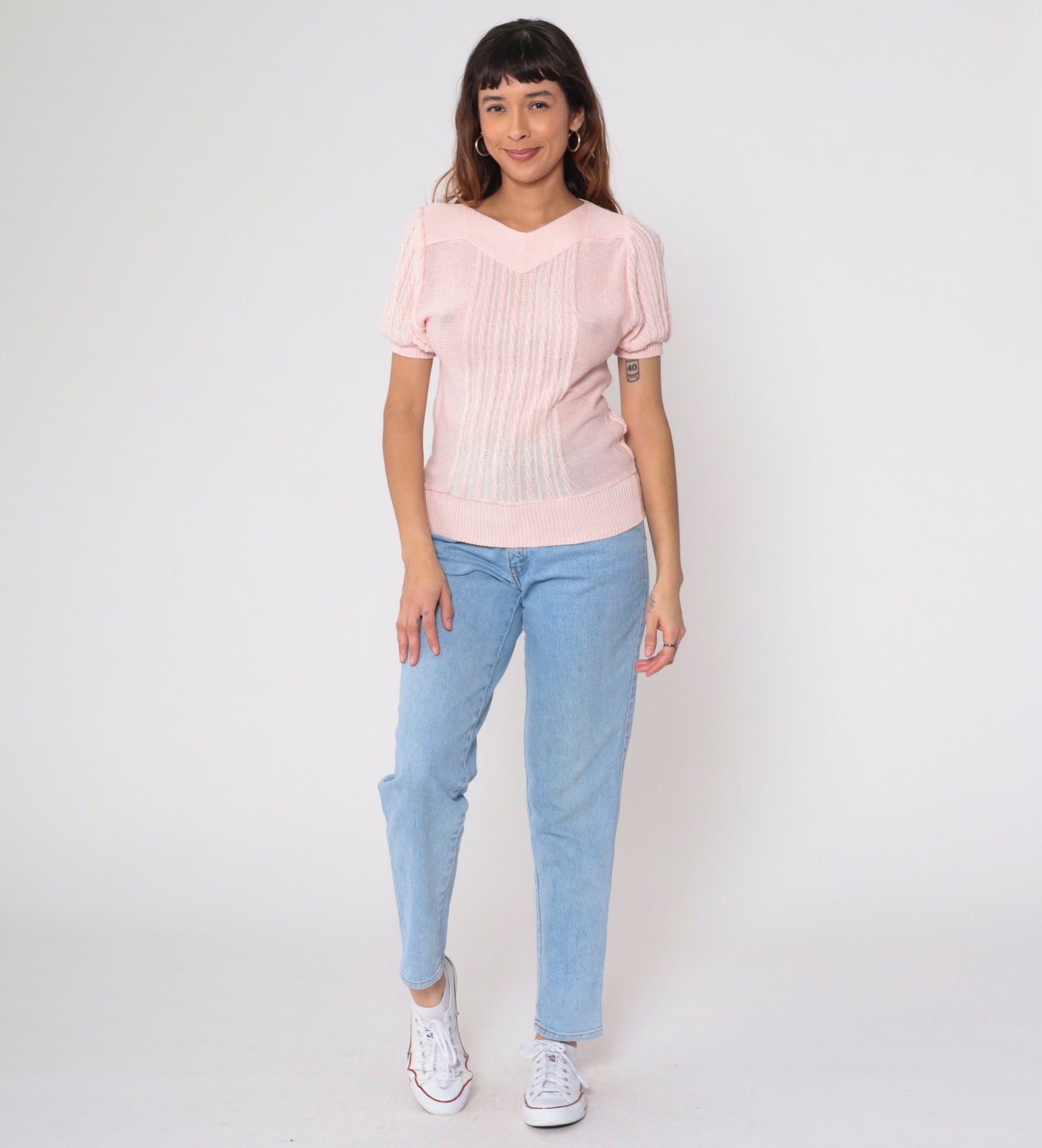80s Baby Pink Knit Top Puff Sleeve Textured Stripe Extra Small