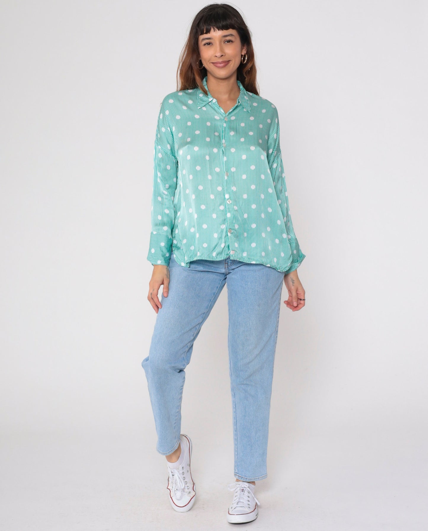 90s Fil Noir Green White Polka Dot Striped Button Up Blouse Long Sleeve Small