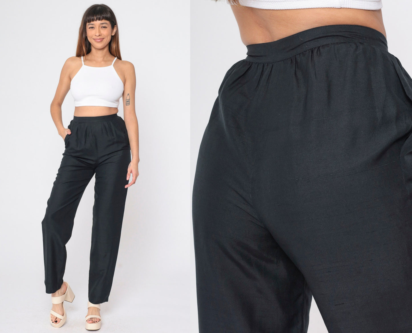 80s Black Silk Pleated Trousers High Waisted Straight Leg Small