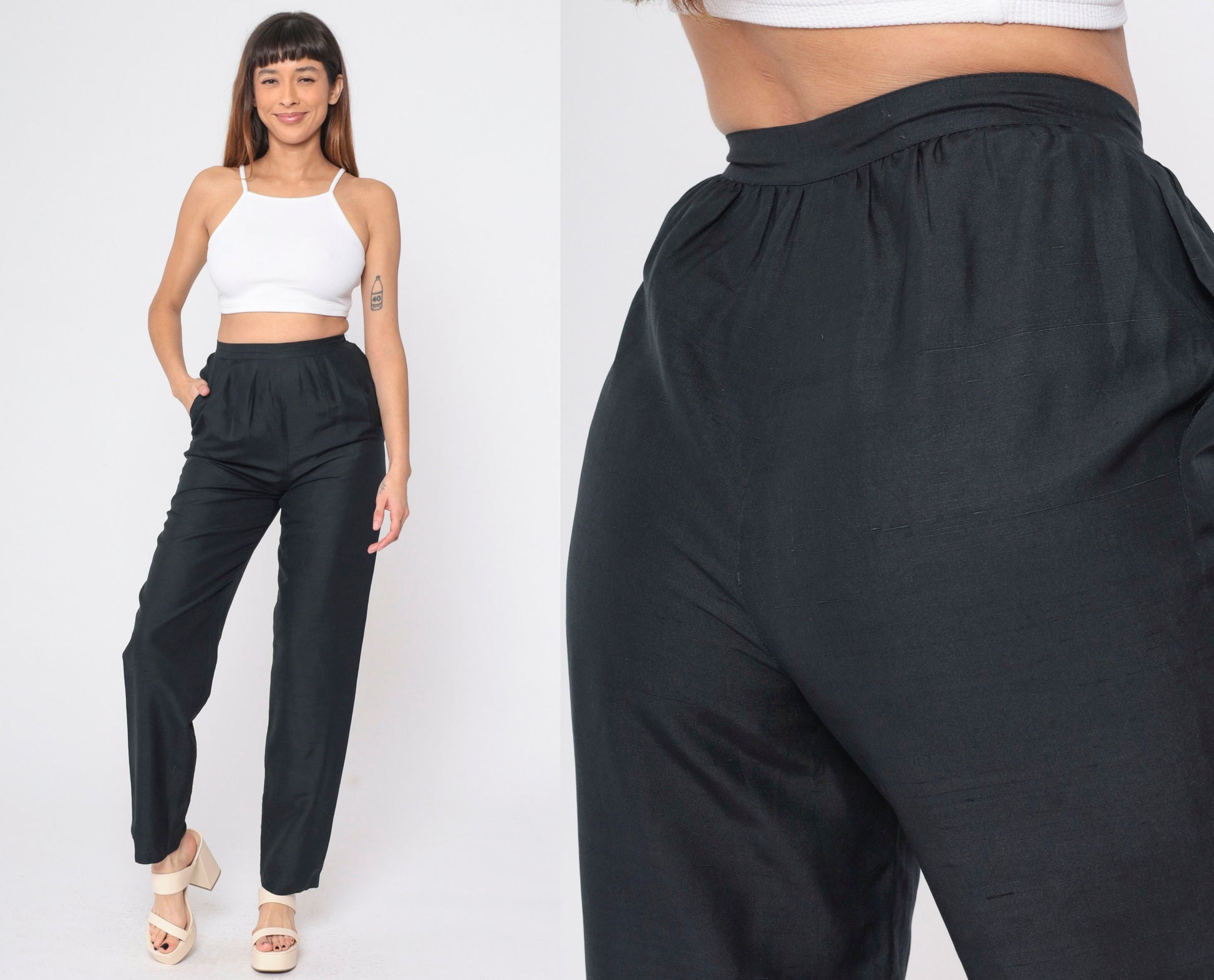 80s Black Silk Pleated Trousers High Waisted Straight Leg Small