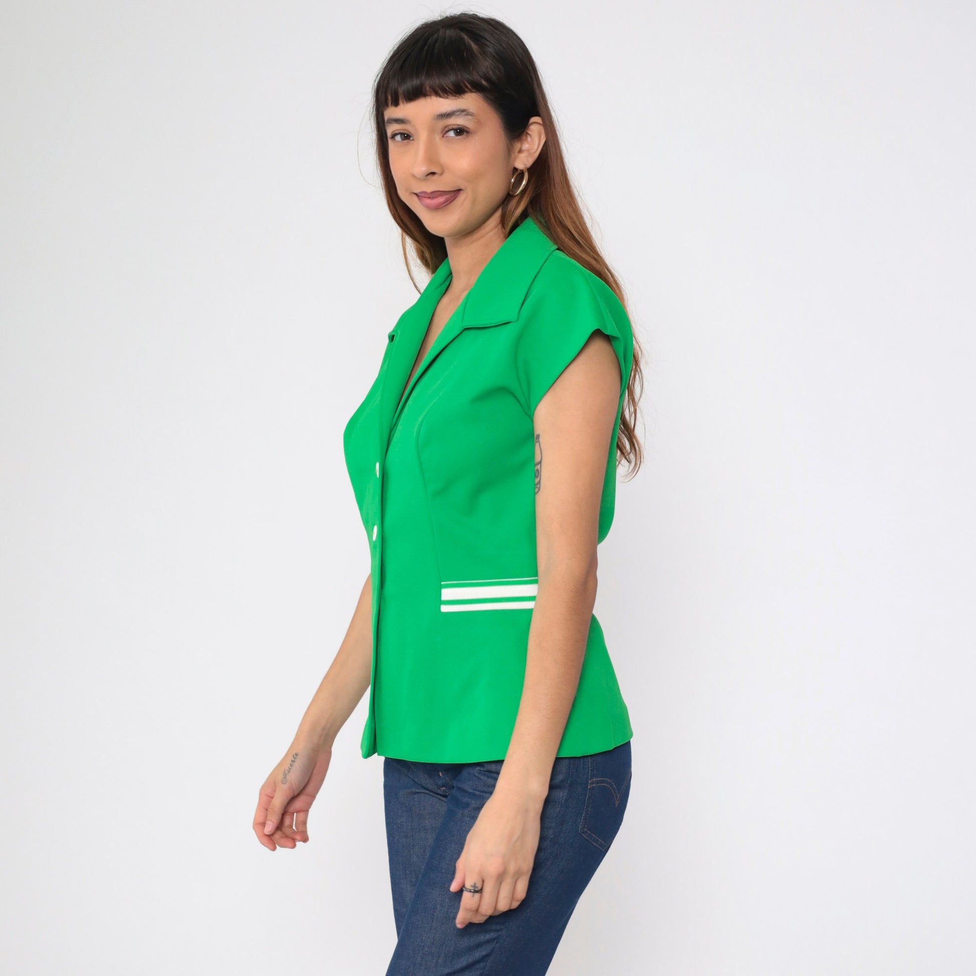 70s Green Button-Up Blouse White Striped Cap Sleeve Collared Shirt Medium