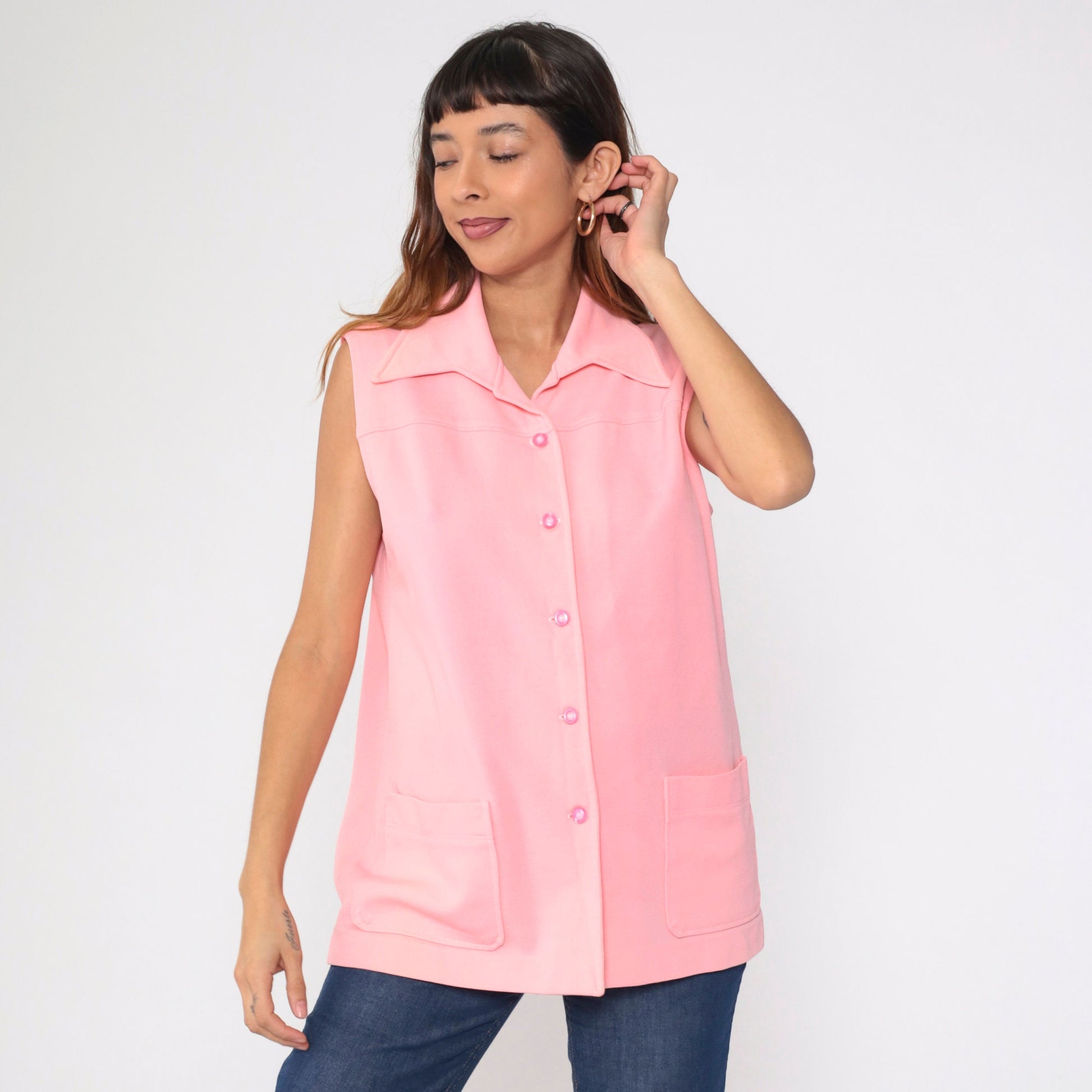 70s Pink Wing Collar Tank Top Button-Up Blouse Longline Large L