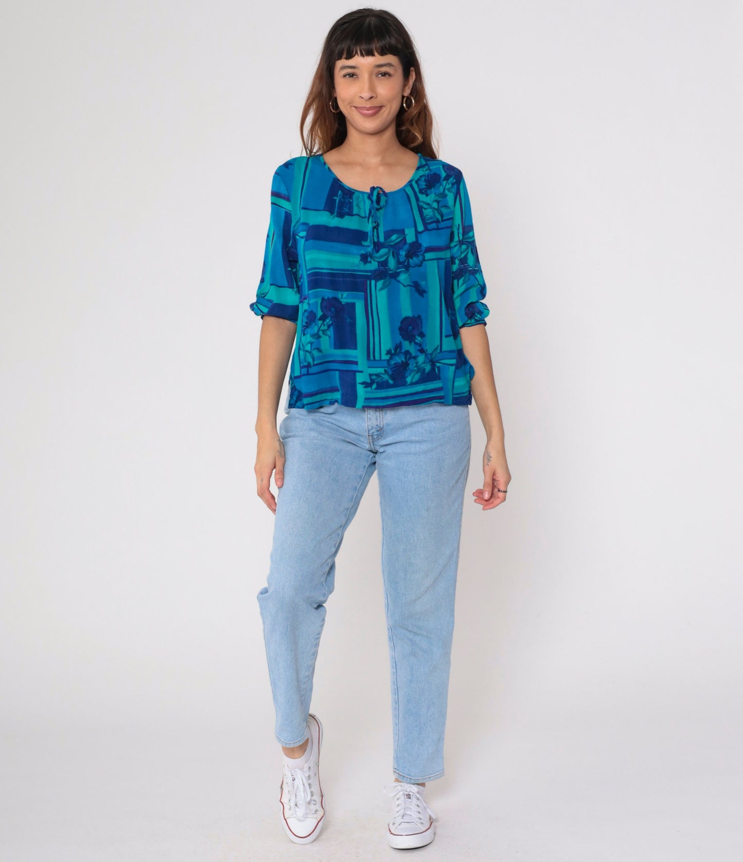 90s Dena Lauren Floral Blouse Tie Neck Blue Rayon 3/4 Sleeve Medium