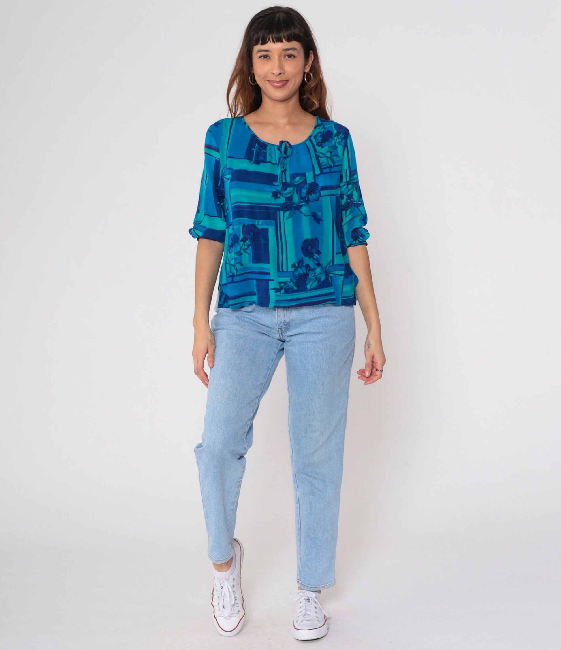 90s Dena Lauren Floral Blouse Tie Neck Blue Rayon 3/4 Sleeve Medium