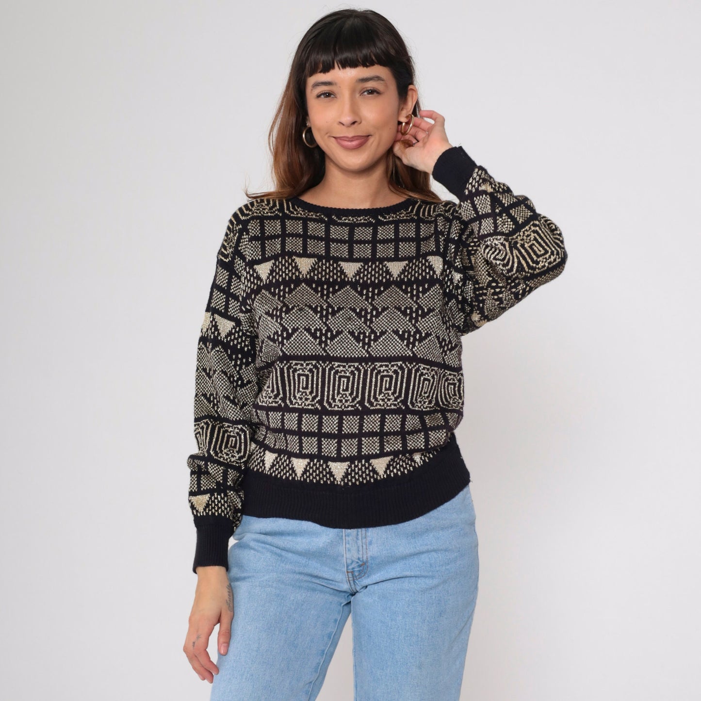 80s Campus Casuals Metallic Geometric Sweater Black Gold Jacquard Small