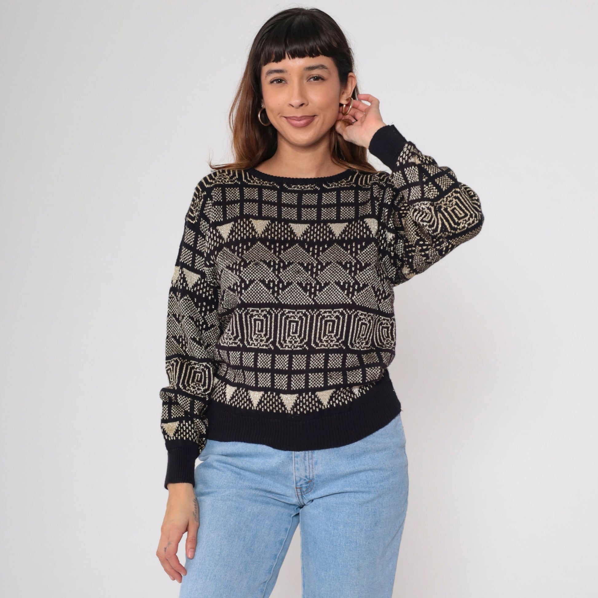 80s Campus Casuals Metallic Geometric Sweater Black Gold Jacquard Small