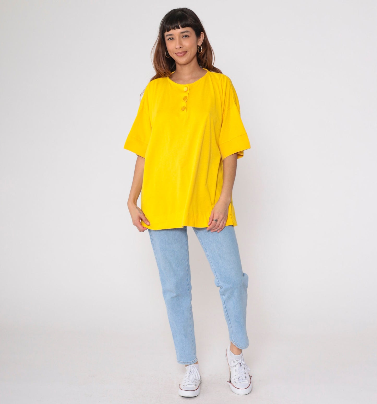 80s Yellow Henley Shirt Short Sleeve Button Up Cotton Blend Plus Size XXL