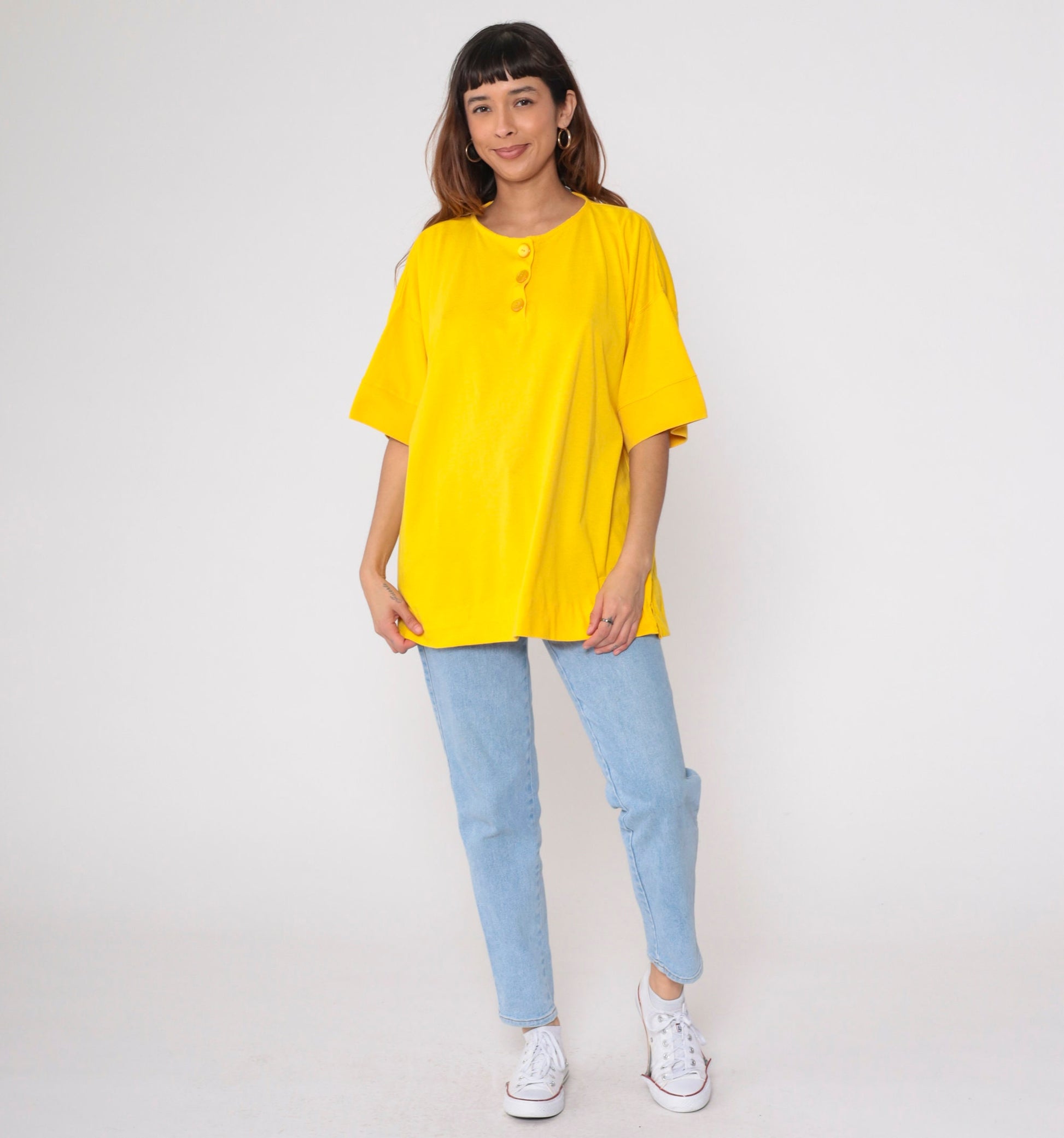 80s Yellow Henley Shirt Short Sleeve Button Up Cotton Blend Plus Size XXL