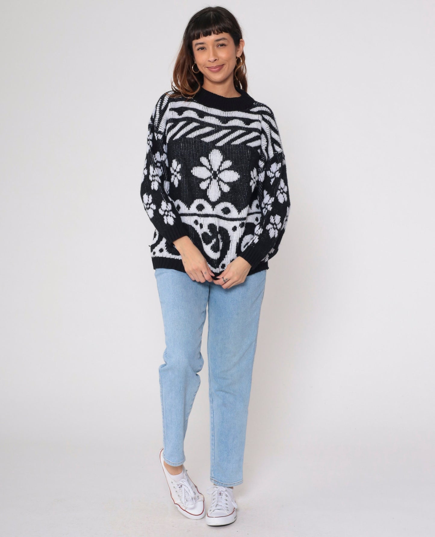 80s Black White Metallic Floral Knit Sweater Glitter Swirl Pullover Large L