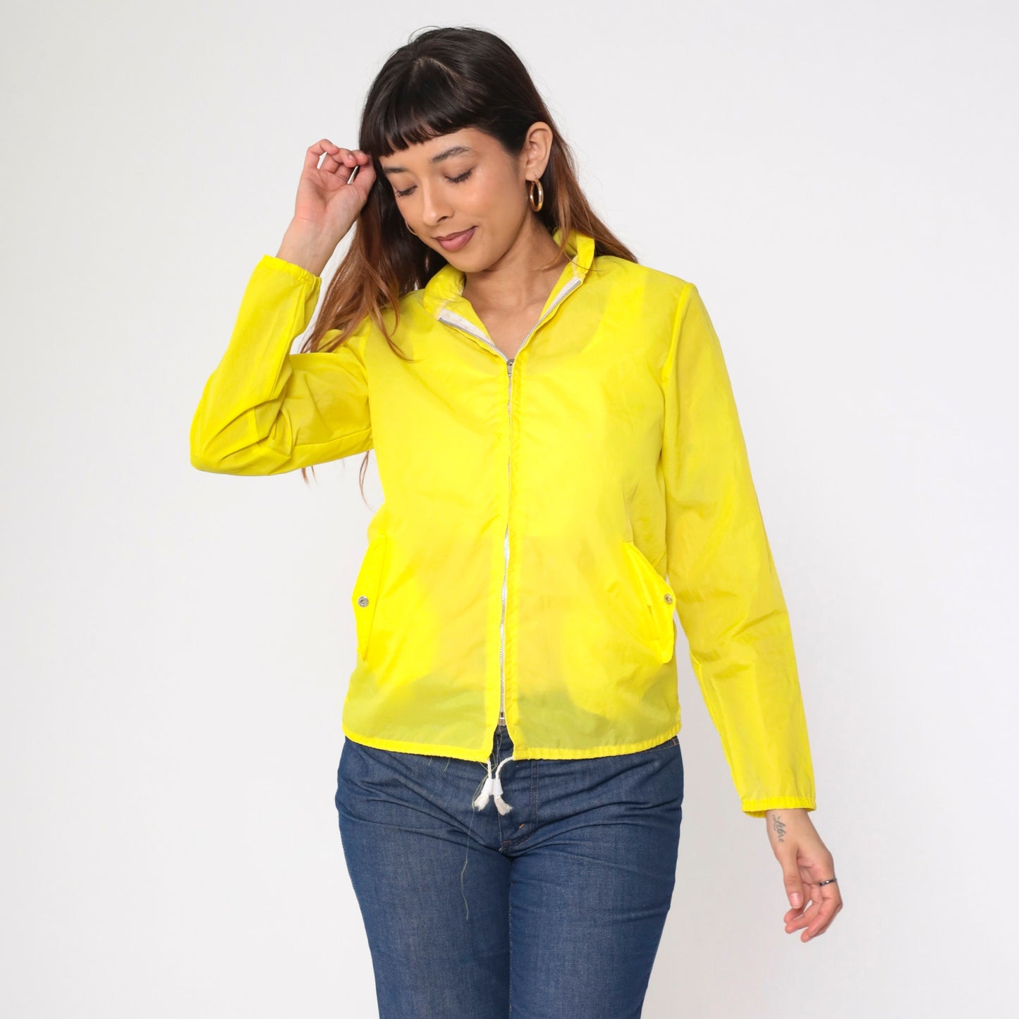 70s Yellow Nylon Windbreaker Jacket Semi-Sheer Zip-Up Extra Small