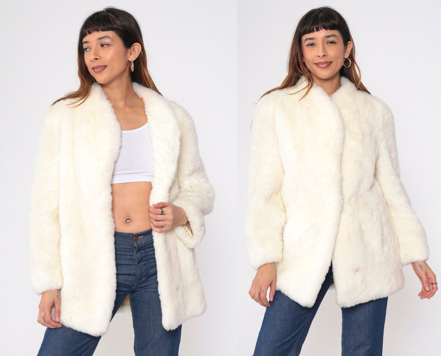 80s Cream Faux Fur Coat Hook Eye Closure Vintage Small S