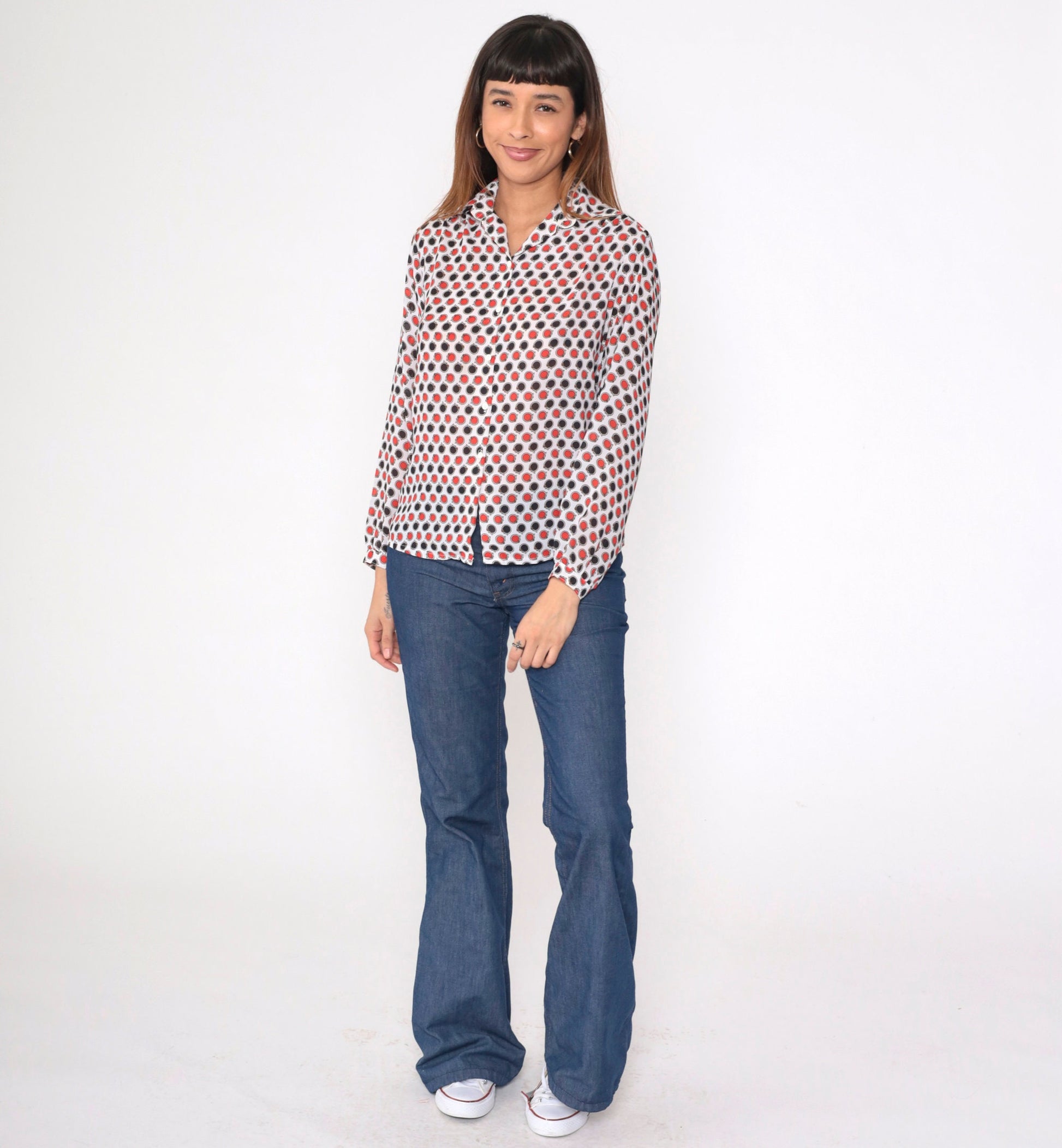 70s Circle Belt Print Button-Up Blouse Polka Dot Red Black White Medium