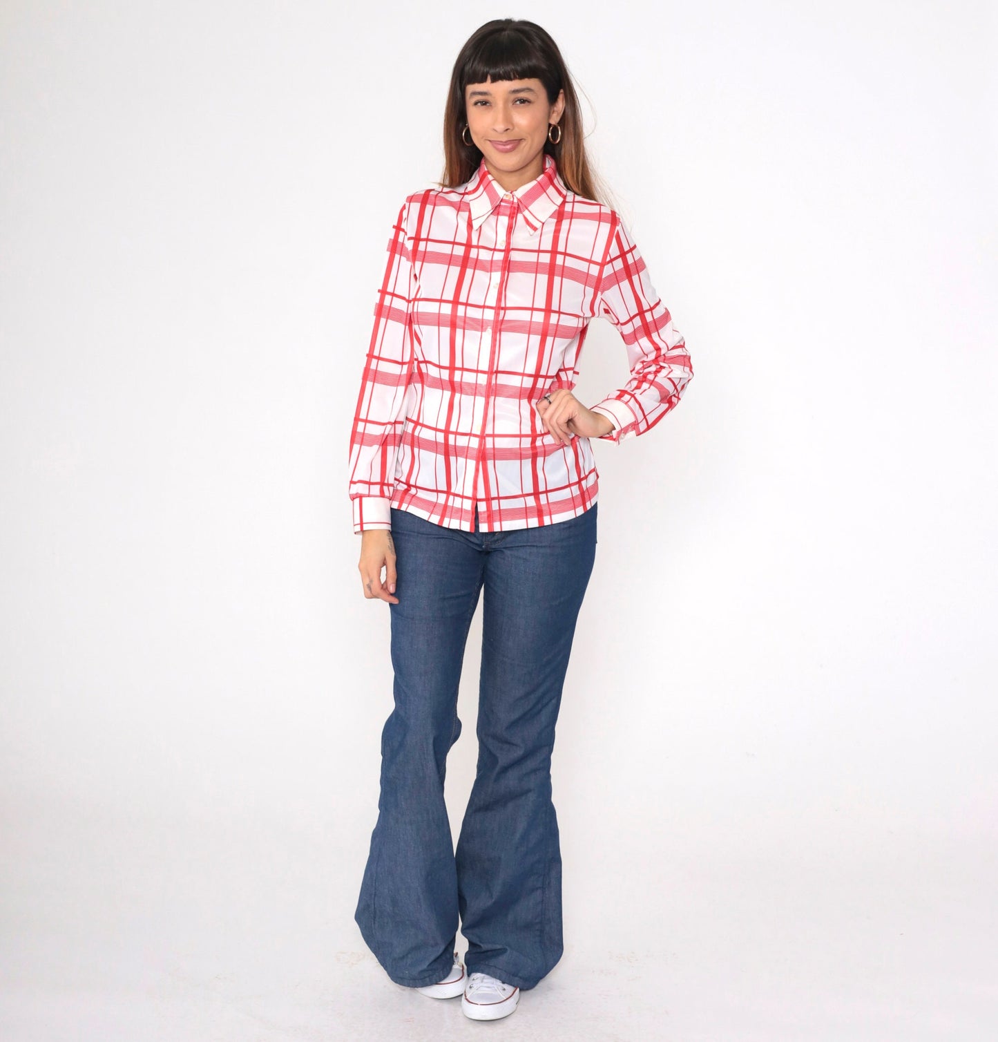 70s Jack Winter Plaid Button-Up Blouse Red White Dagger Collar Medium