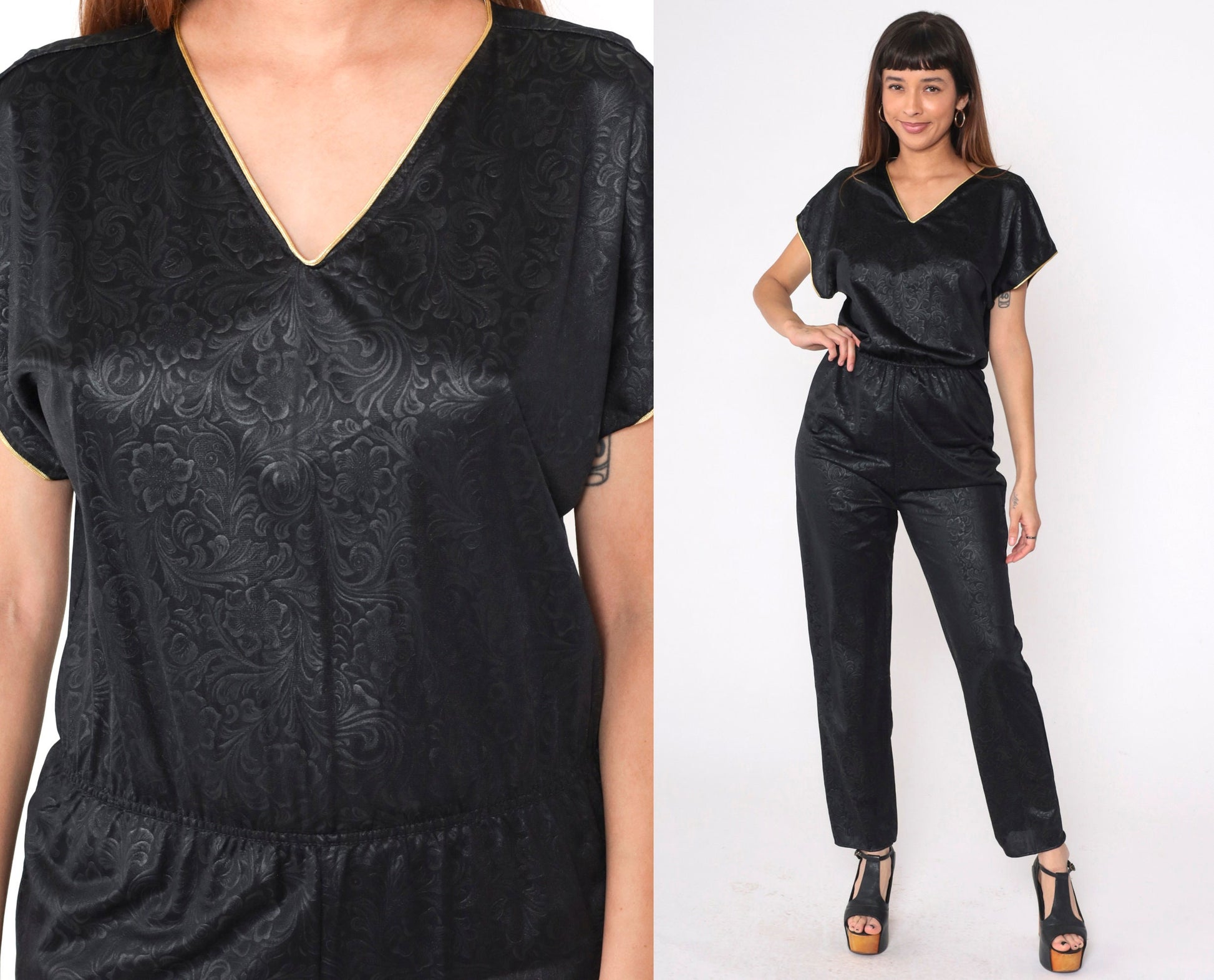 80s Black Floral Jumpsuit Gold Trim V-Neck Tapered High Waisted Small