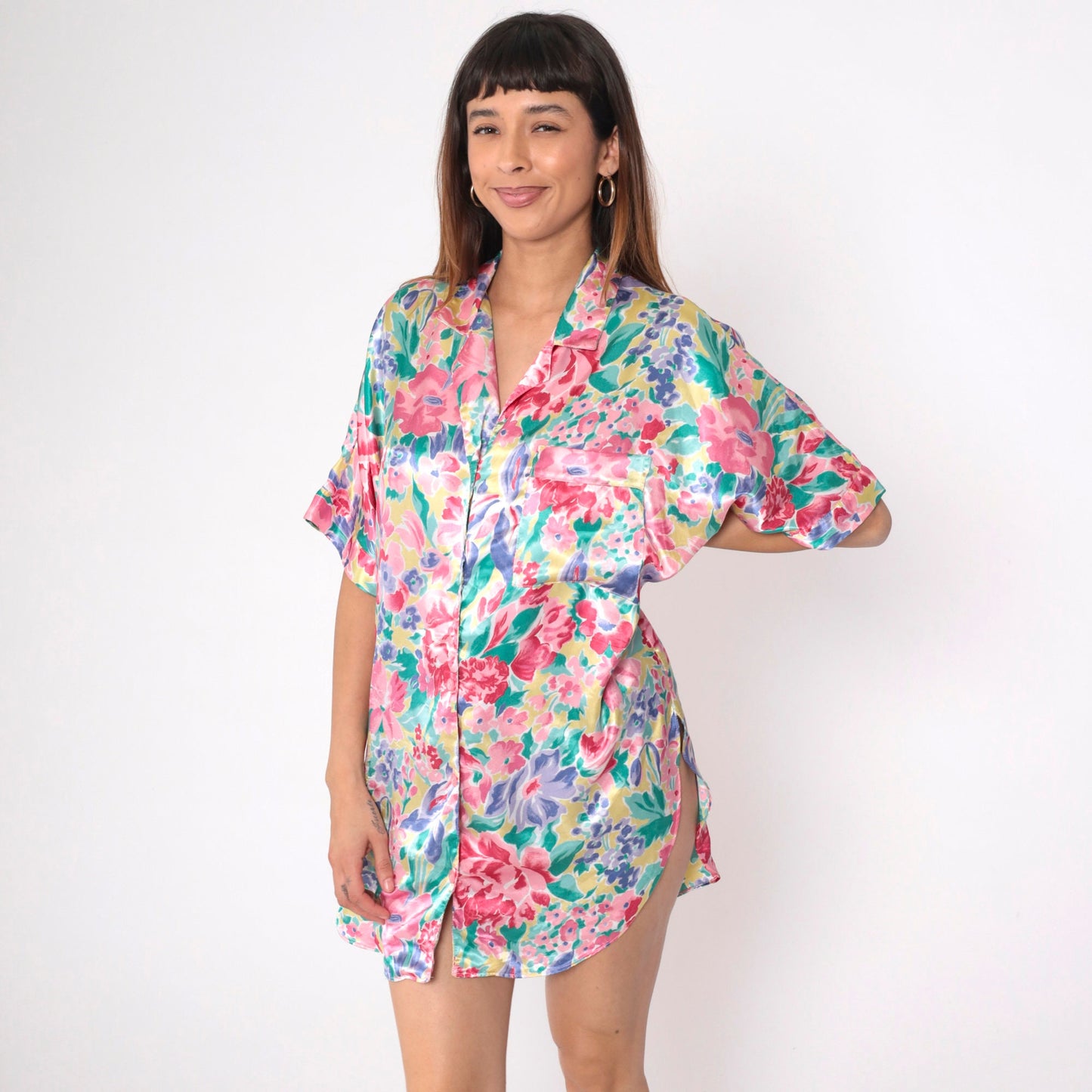 90s Nordstrom Floral Satin Nightgown Mini Button-Up Short Sleeve Multicolor Large