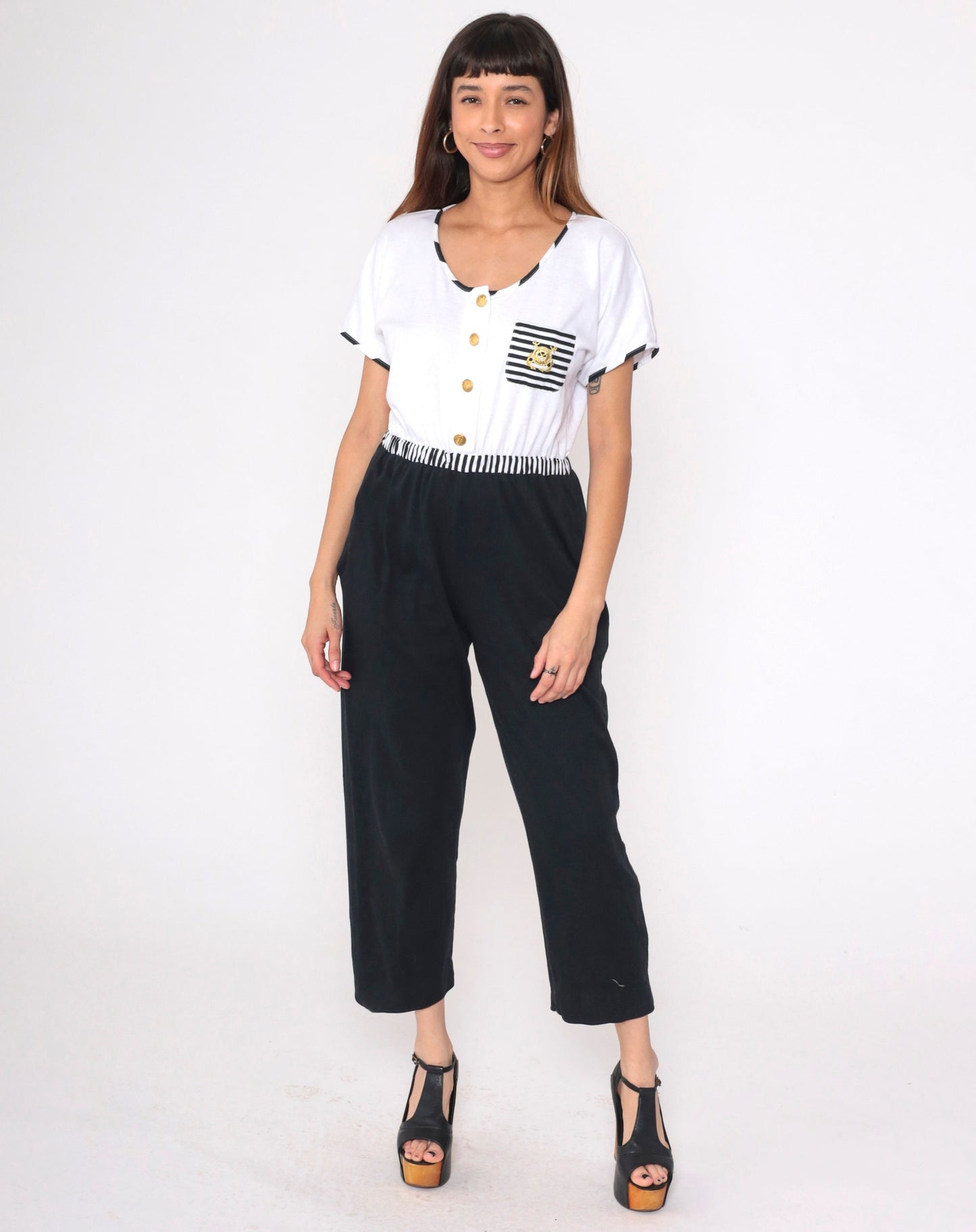 80s Dotti Nautical Jumpsuit Black White Striped Anchor Embroidered Medium