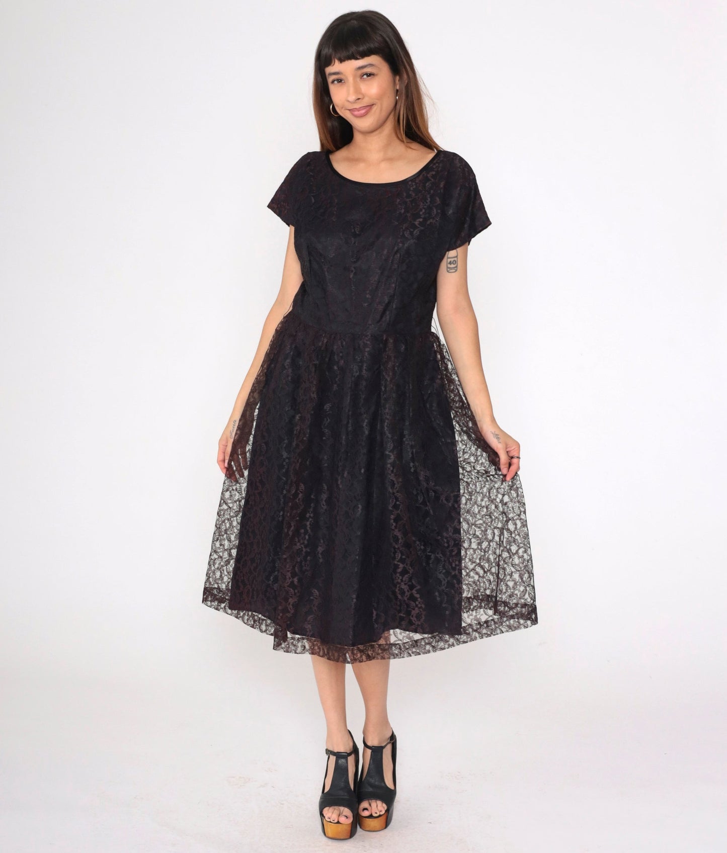 1960s Brown Lace Dress Tea Length High Waist Short Sleeve Black Lining Large L