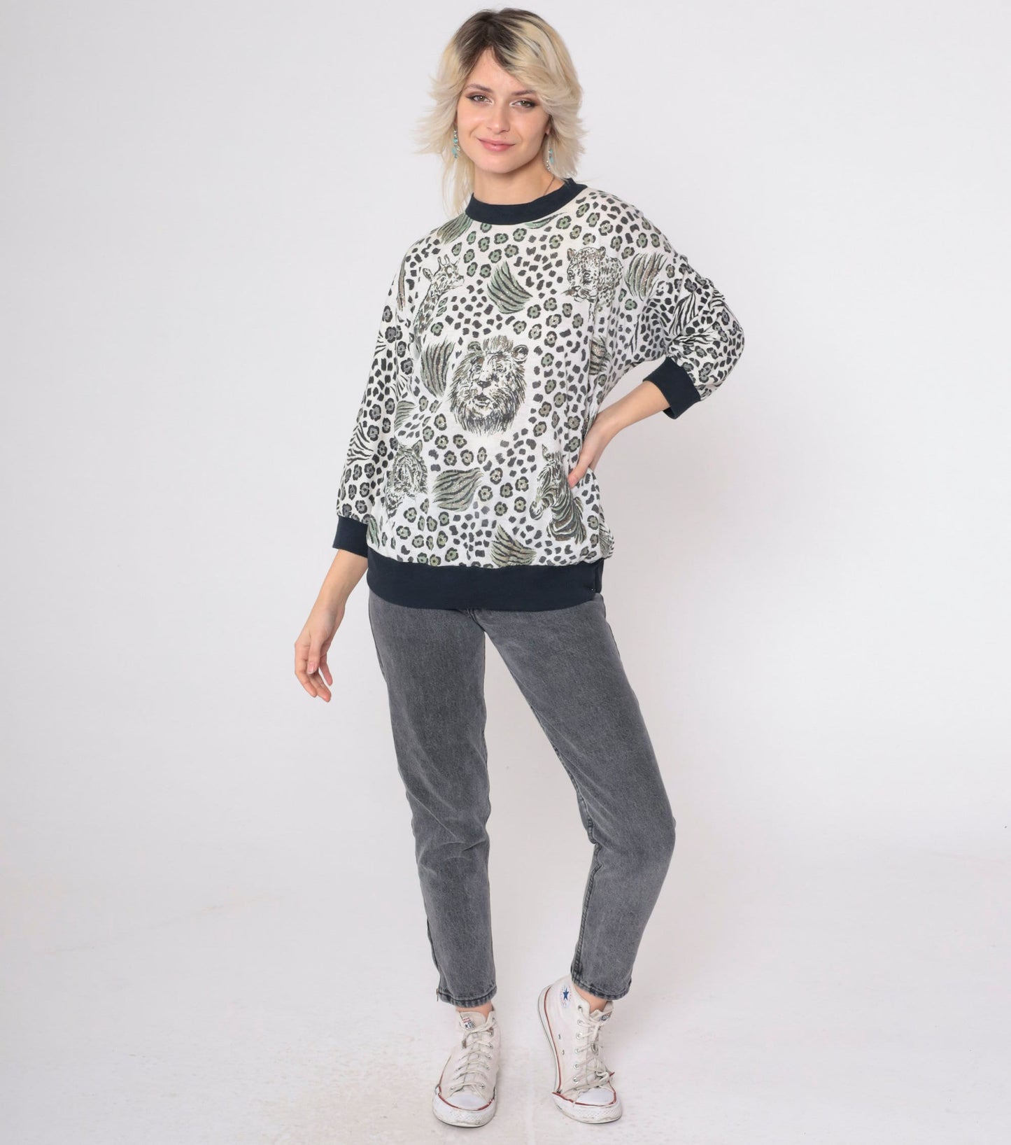 80s Glitter Jungle Animal Print Blouse Lion Tiger Zebra Leopard Medium